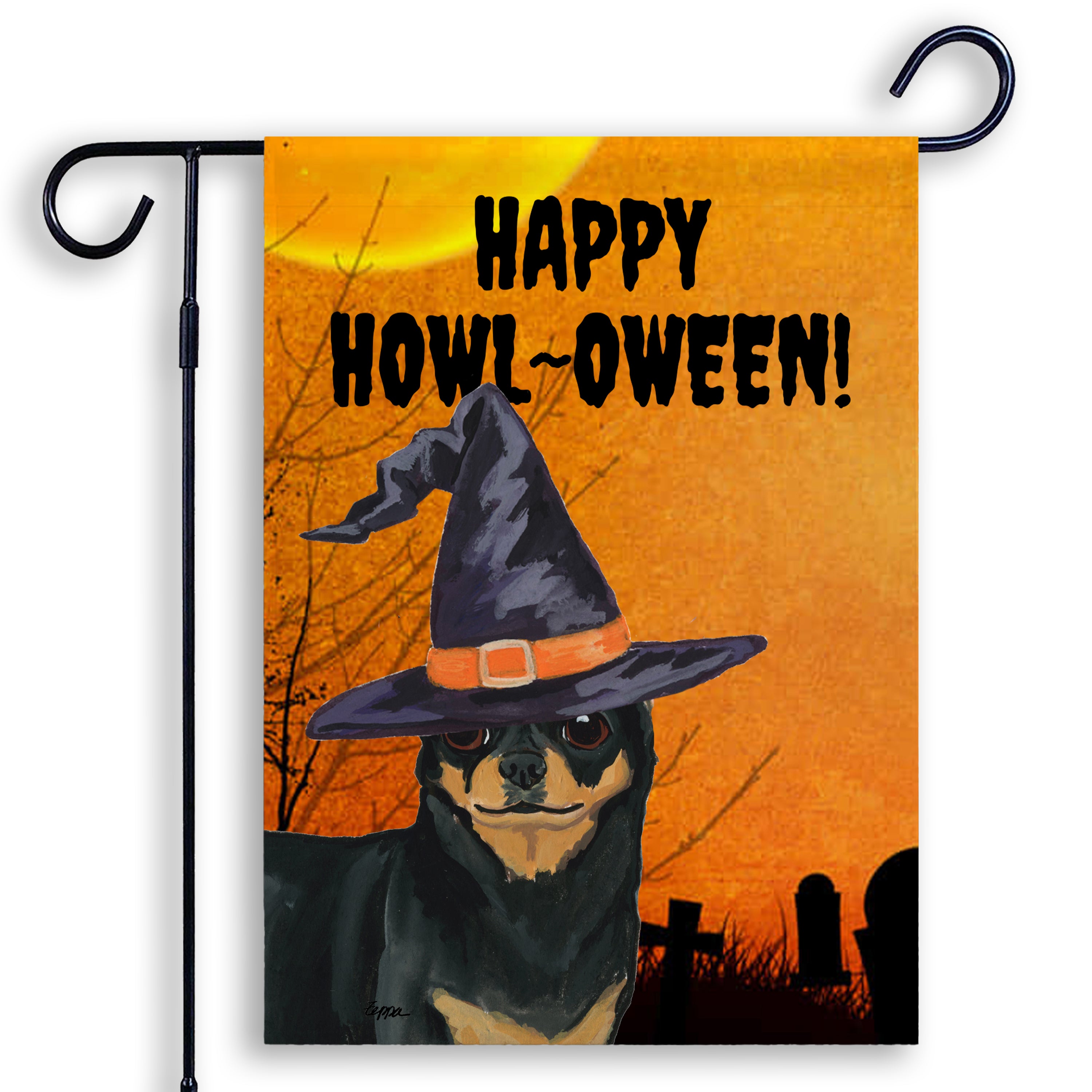 Halloween-themed garden flag with a Chihuahua wearing a witch hat and 'Happy Howl-Oween!' text on an orange background.