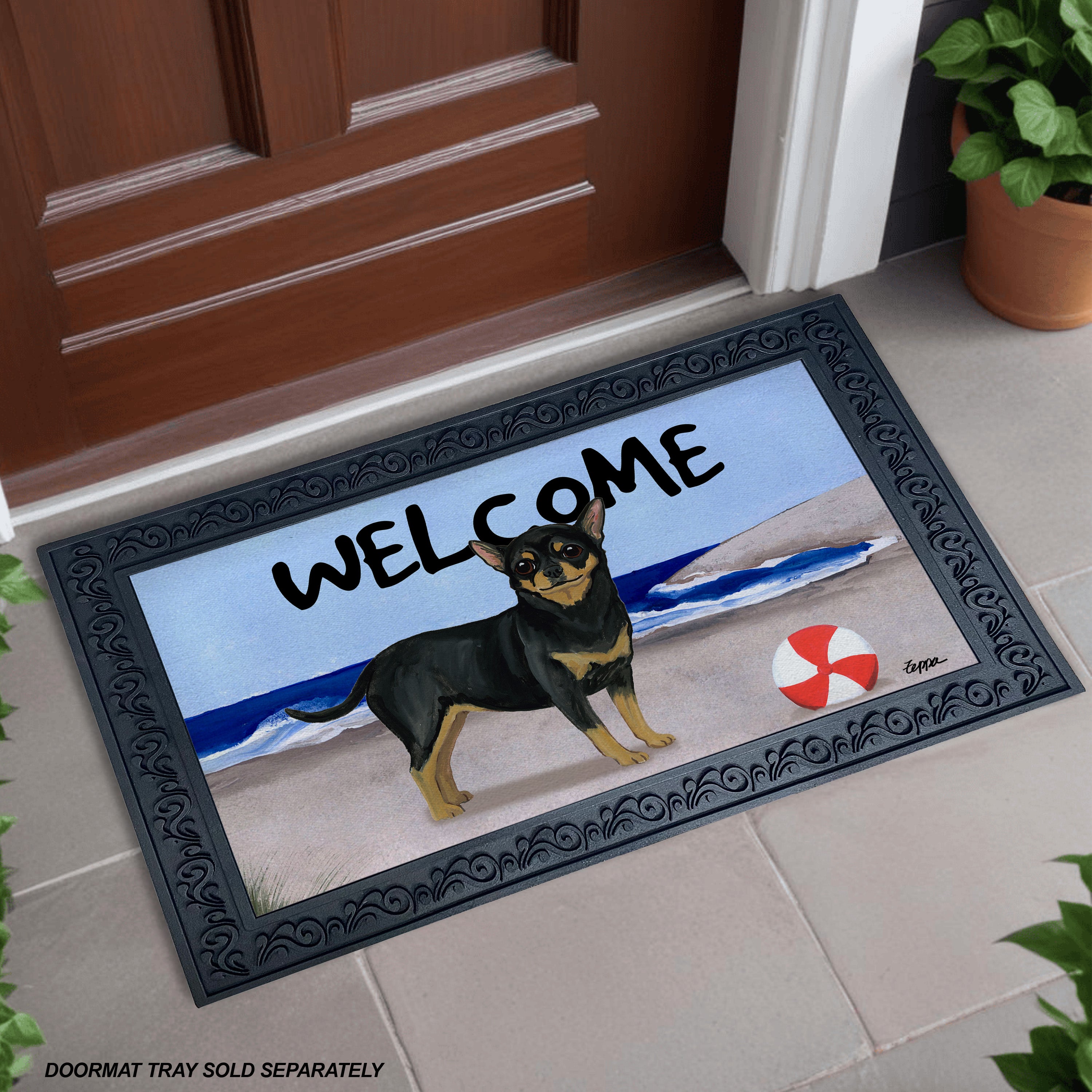 Black and Tan Chihuahua Beach Scene Welcome Mat