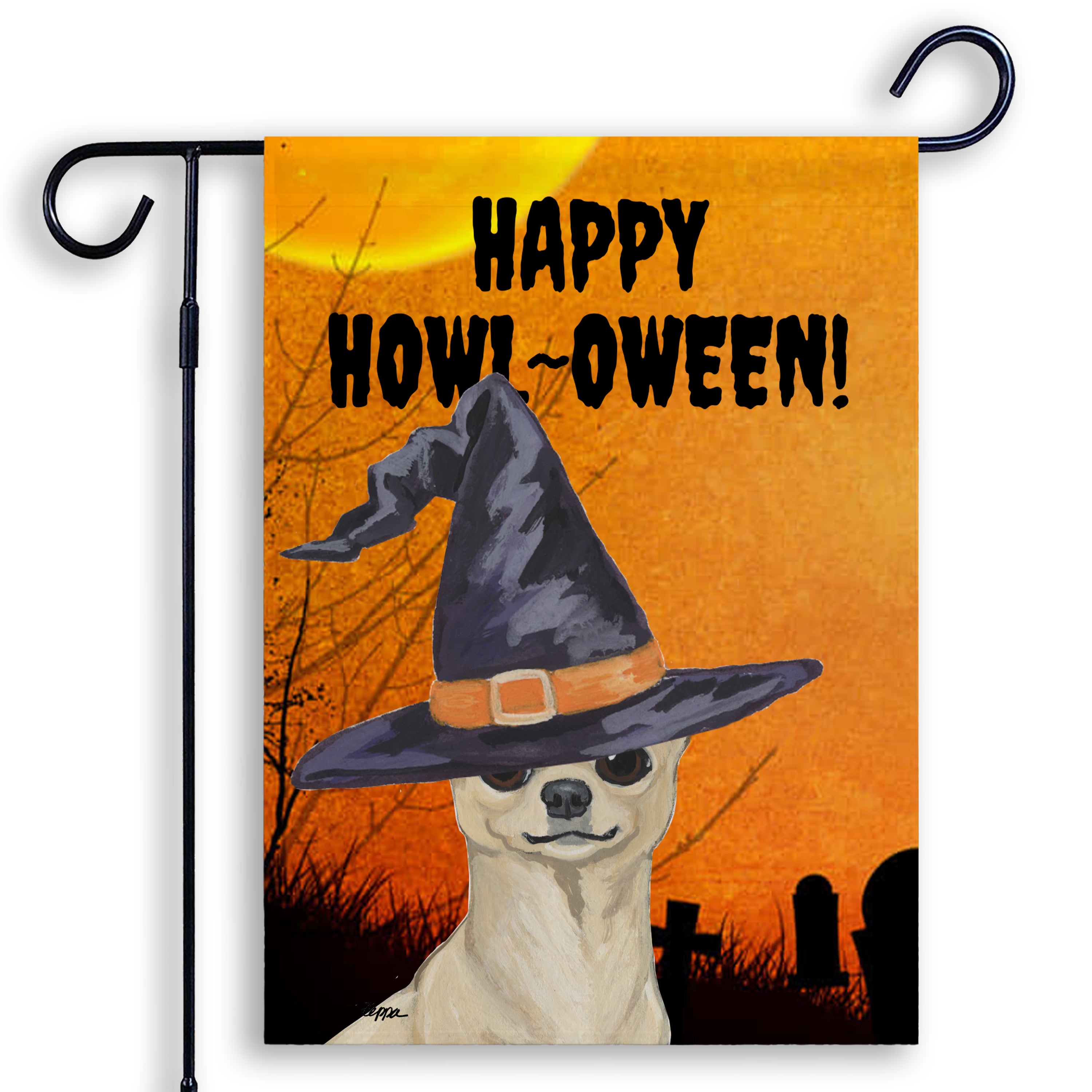 Halloween-themed garden flag with a Chihuahua wearing a witch hat and 'Happy Howl-Oween!' text on an orange background.