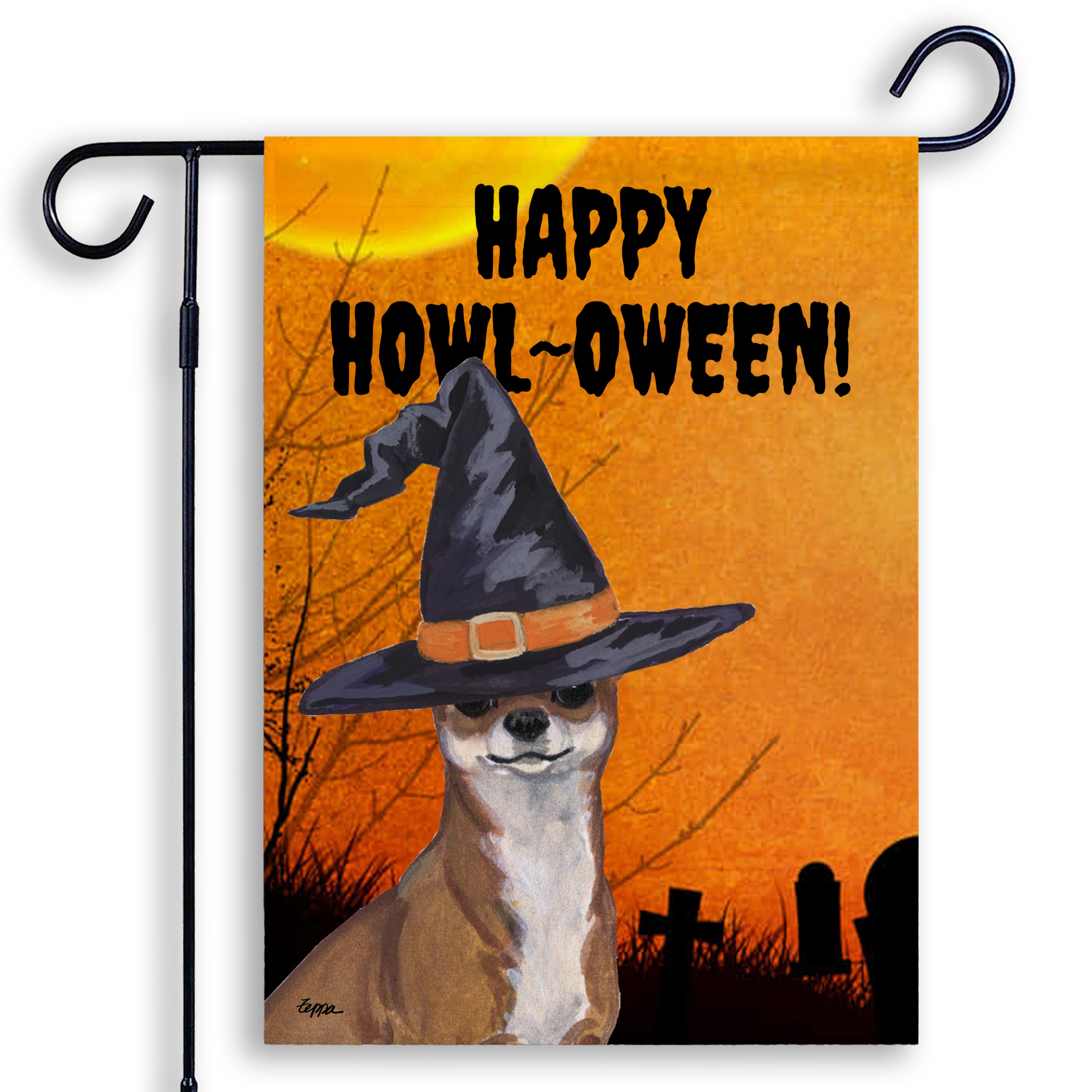 Halloween-themed garden flag with a Chihuahua wearing a witch hat and 'Happy Howl-Oween!' text on an orange background.