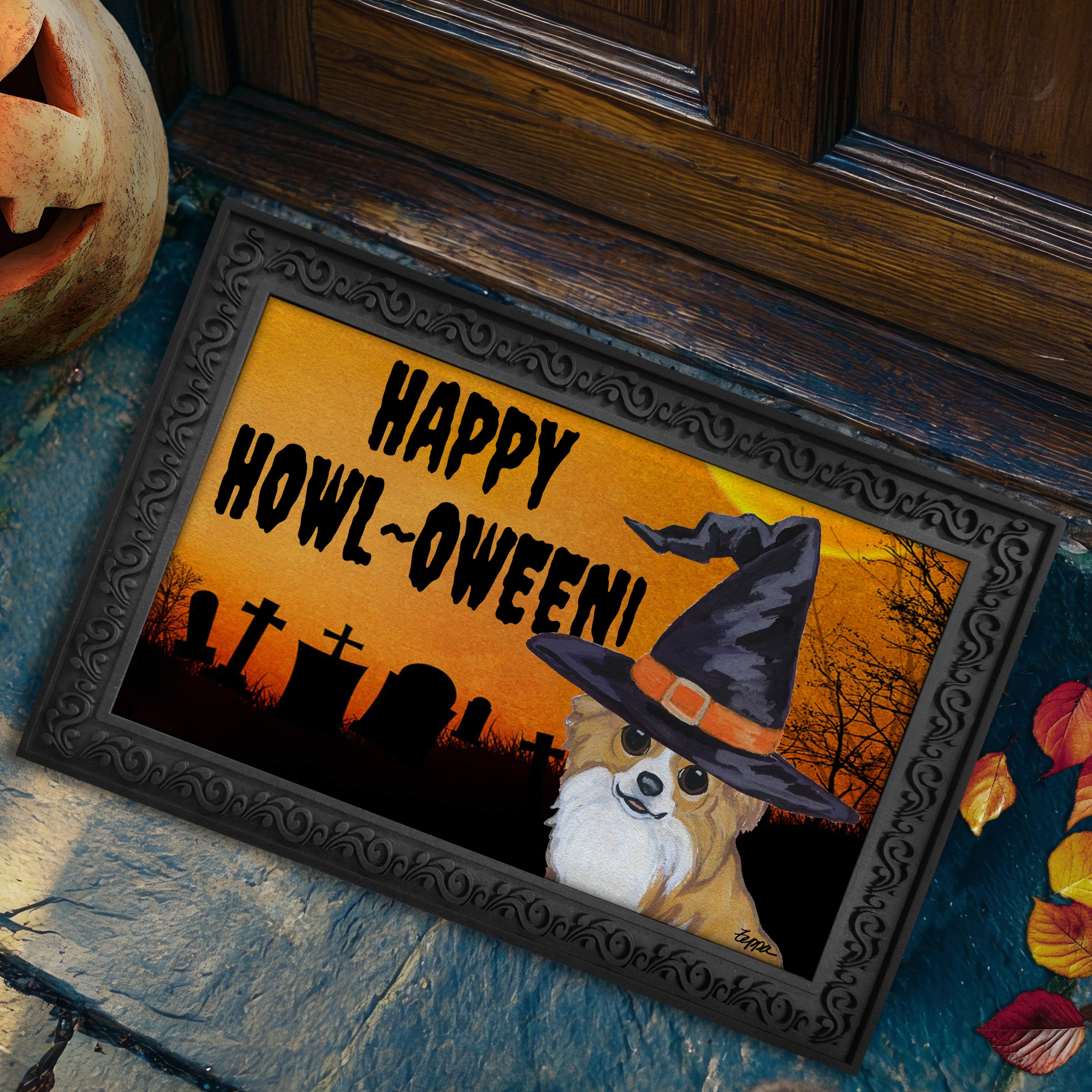 Halloween-themed doormat with a Chihuahua wearing a witch hat and 'Happy Howl-Oween!' text on a doorstep.