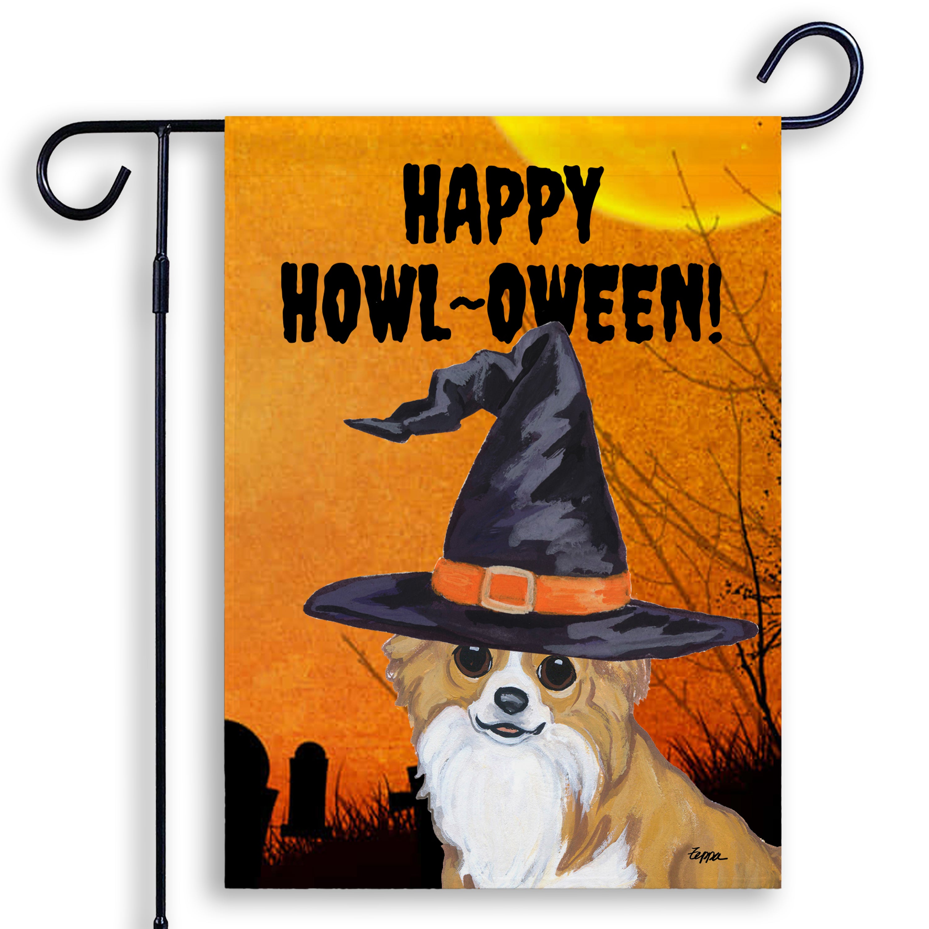 Halloween-themed garden flag with a Chihuahua wearing a witch hat and 'Happy Howl-Oween!' text on an orange background.