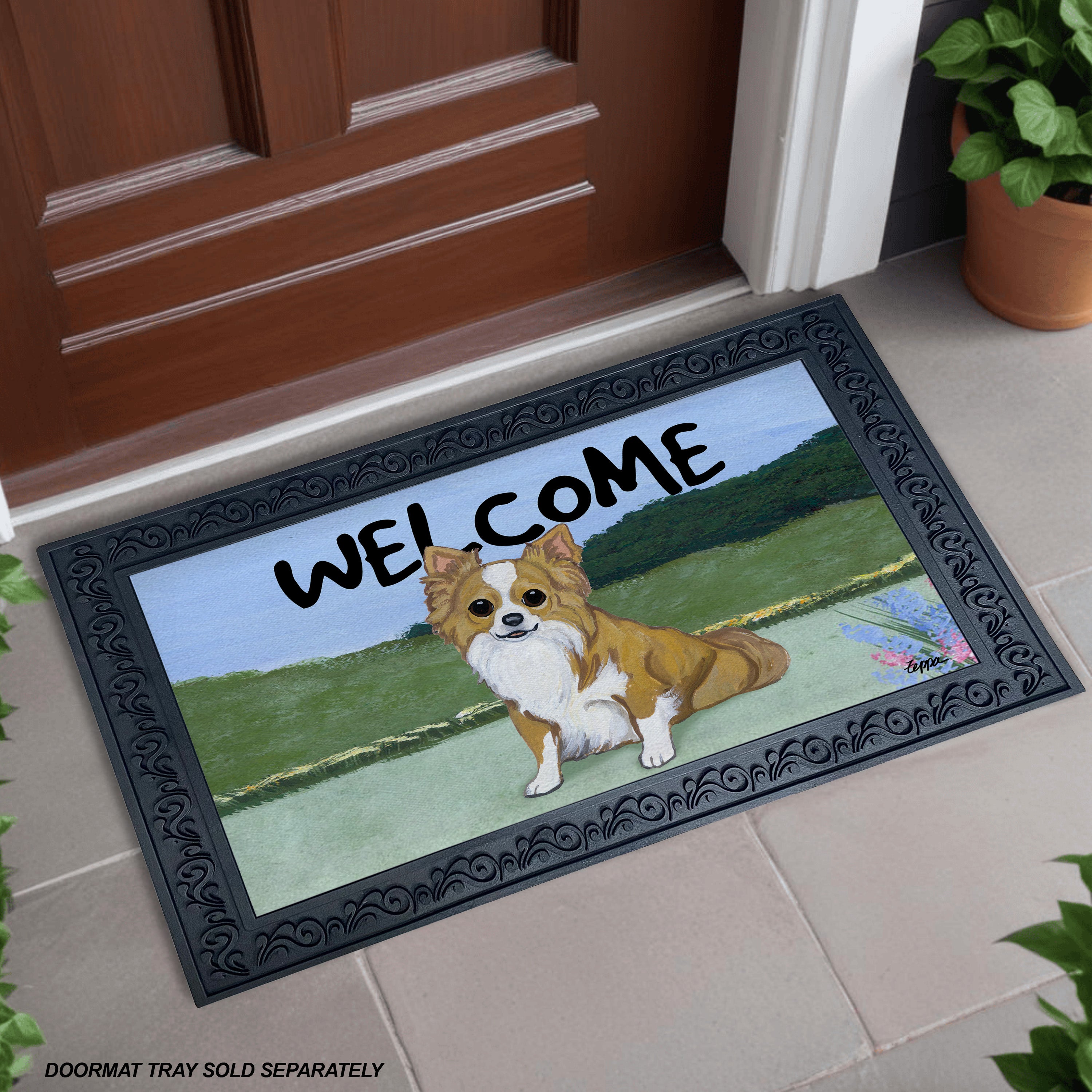 Longhaired Chihuahua Yard Scene Welcome Mat