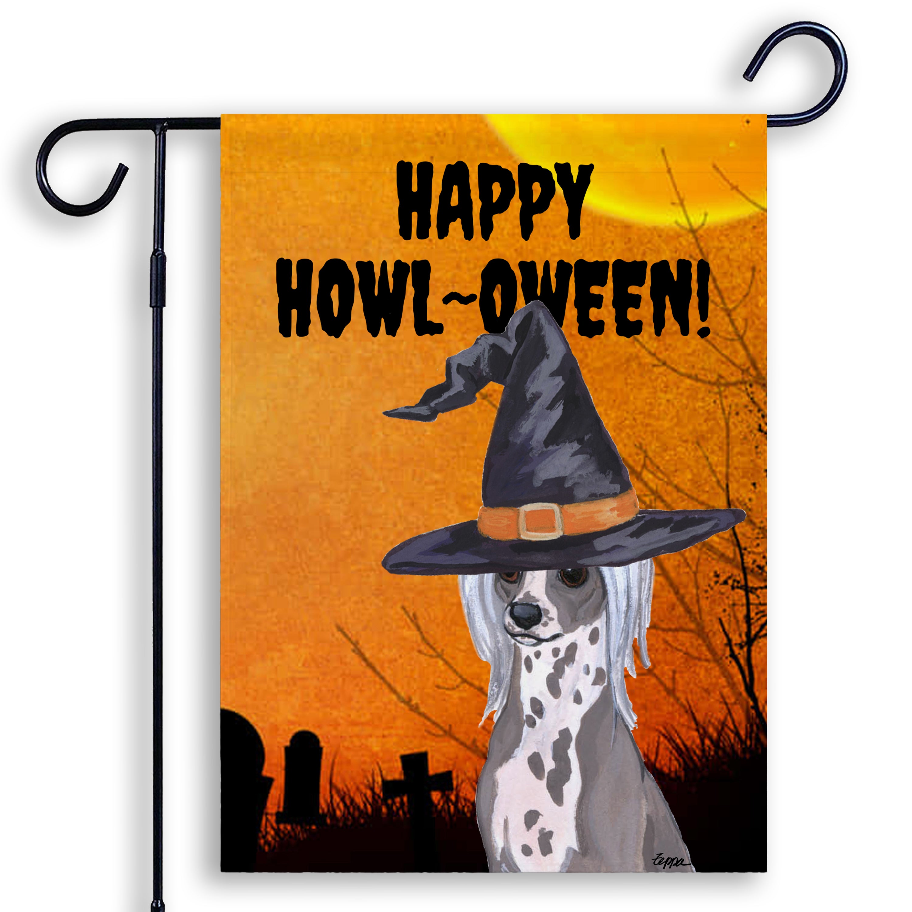 Halloween-themed garden flag with a Chinese Crested wearing a witch hat and 'Happy Howl-Oween!' text on an orange background.