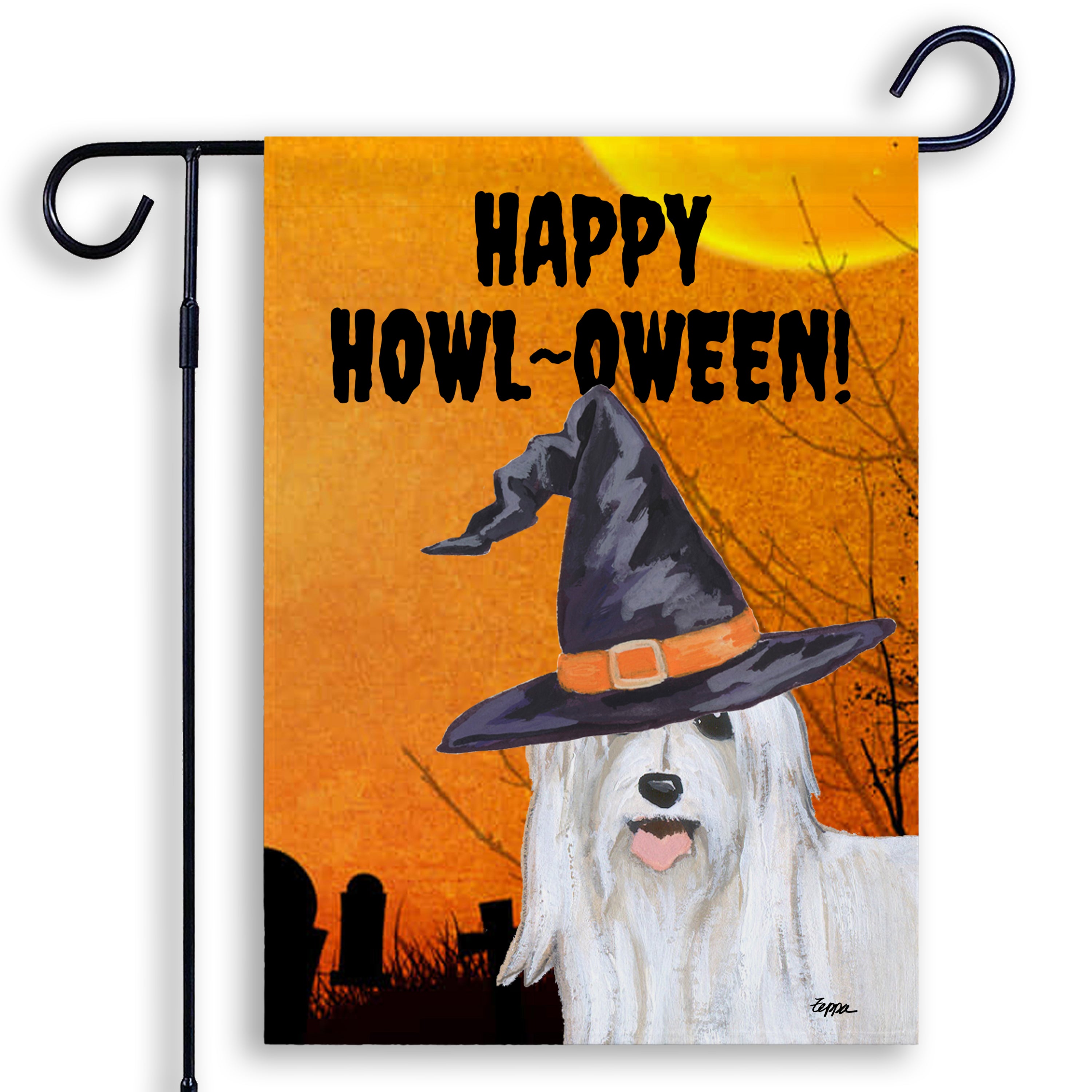 Halloween-themed garden flag with a Powderpuff Chinese Crested wearing a witch hat and 'Happy Howl-Oween!' text on an orange background.