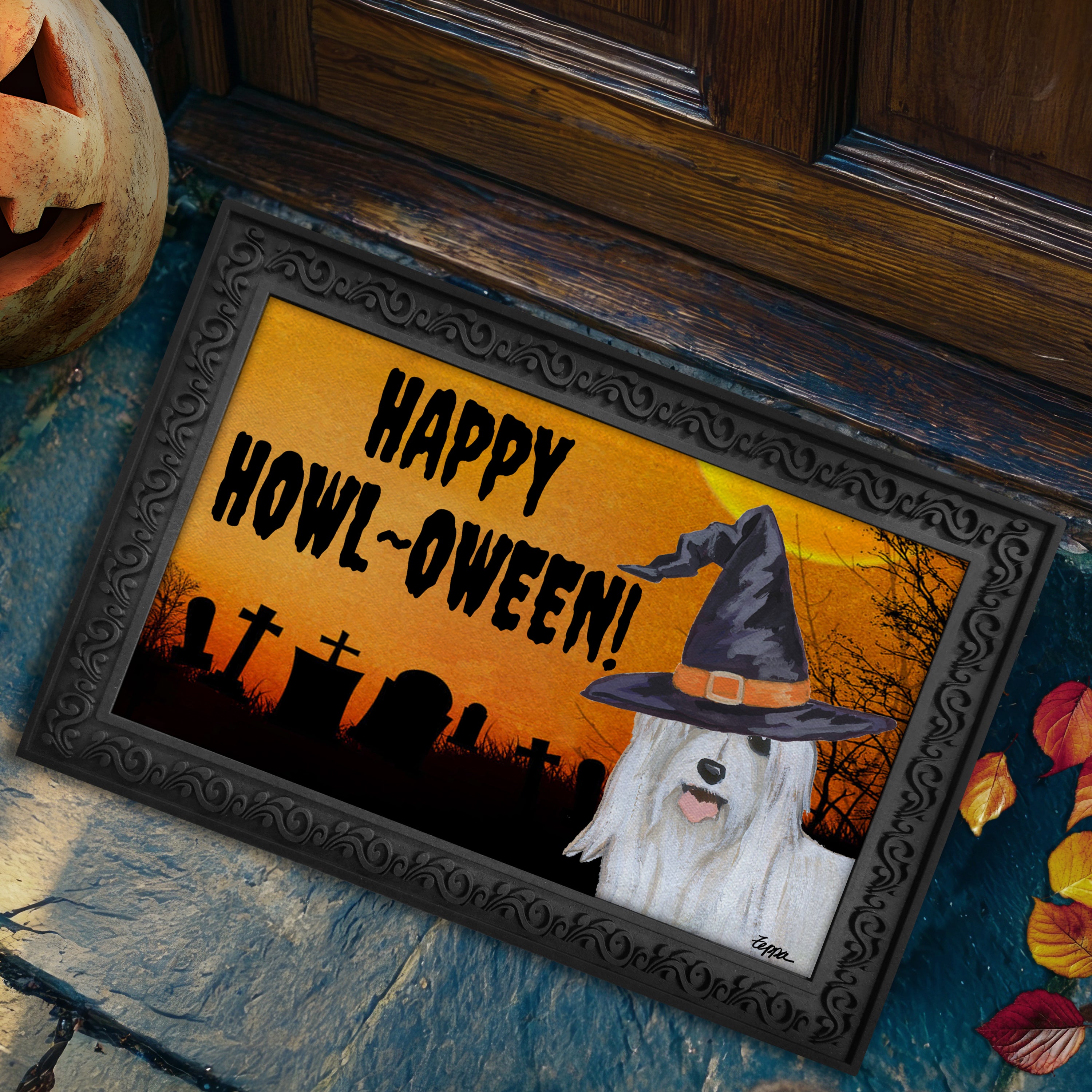 Halloween-themed doormat with a Chinese Crested wearing a witch hat and 'Happy Howl-Oween!' text on a doorstep.