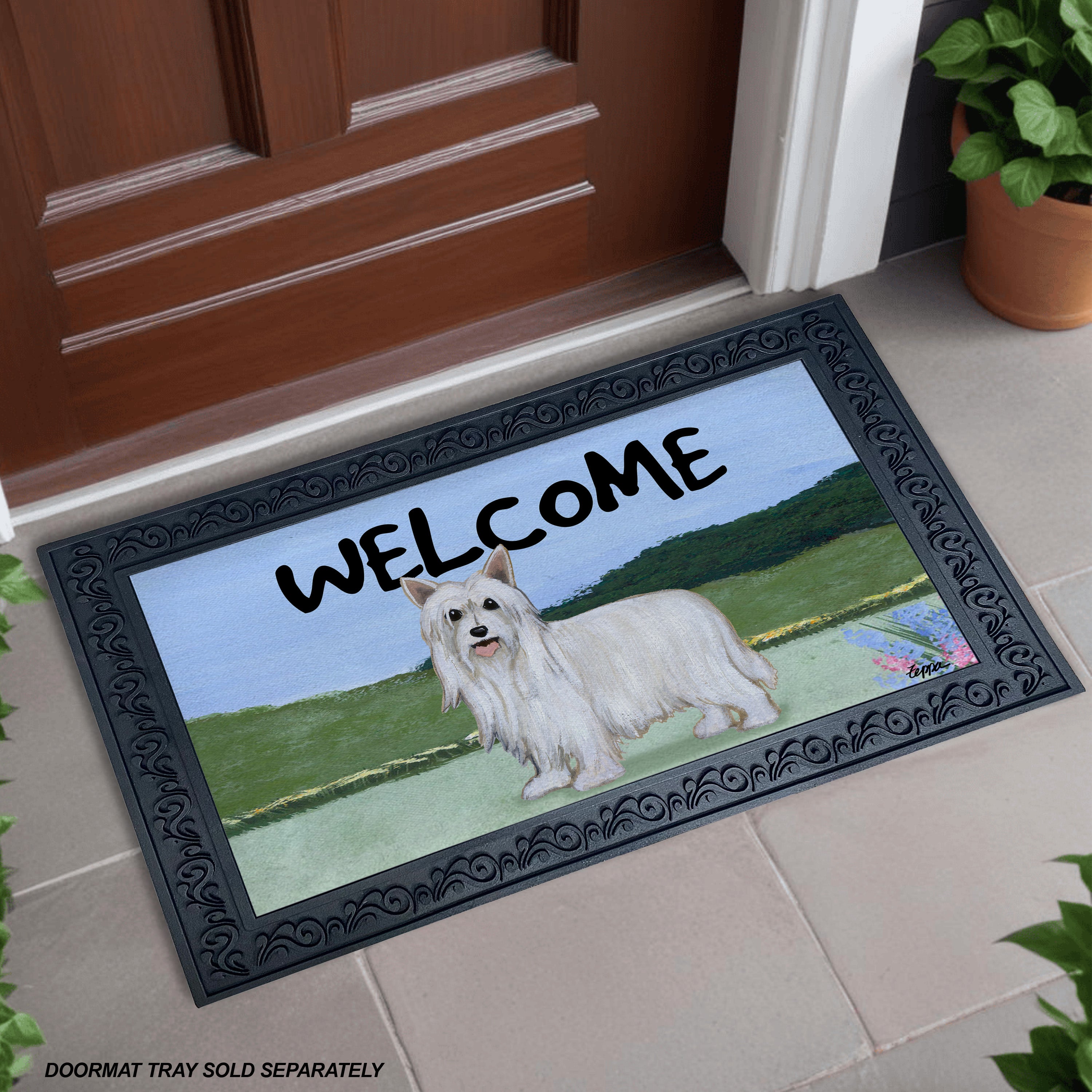 Powderpuff Chinese Crested Yard Scene Welcome Mat