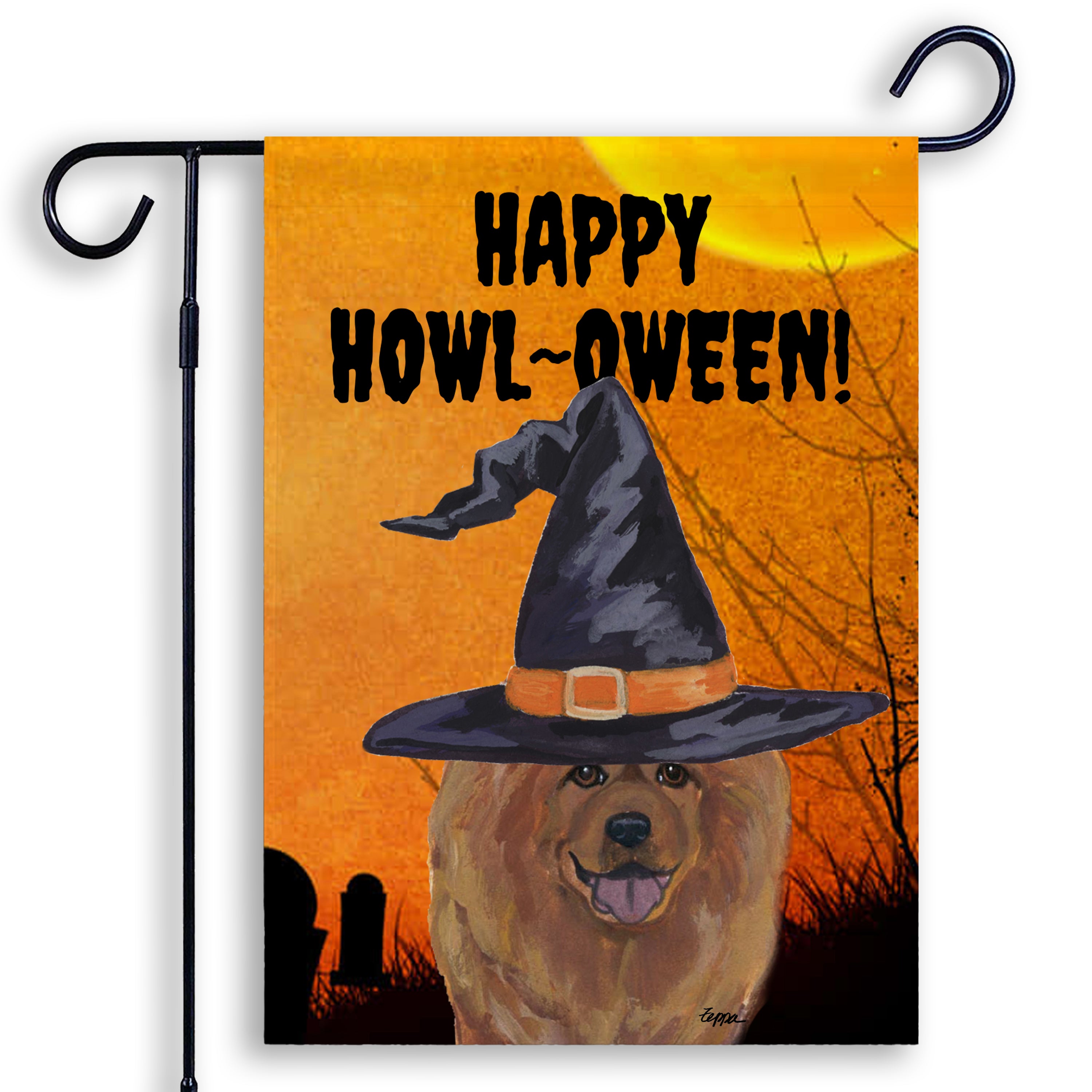 Halloween-themed garden flag with a Chow Chow wearing a witch hat and 'Happy Howl-Oween!' text on an orange background.