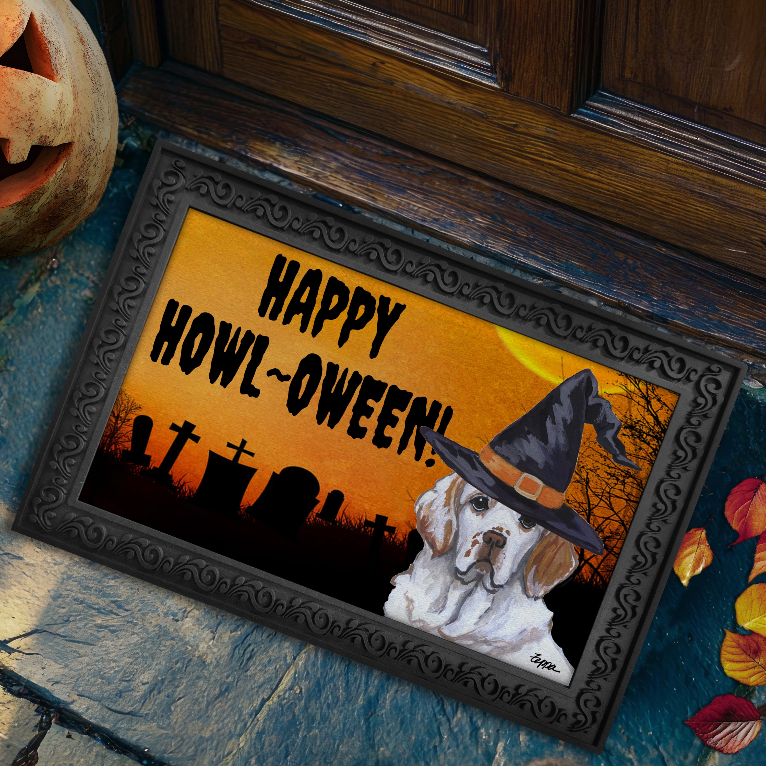 Halloween-themed doormat with a Clumber Spaniel wearing a witch hat and 'Happy Howl-Oween!' text on a doorstep.