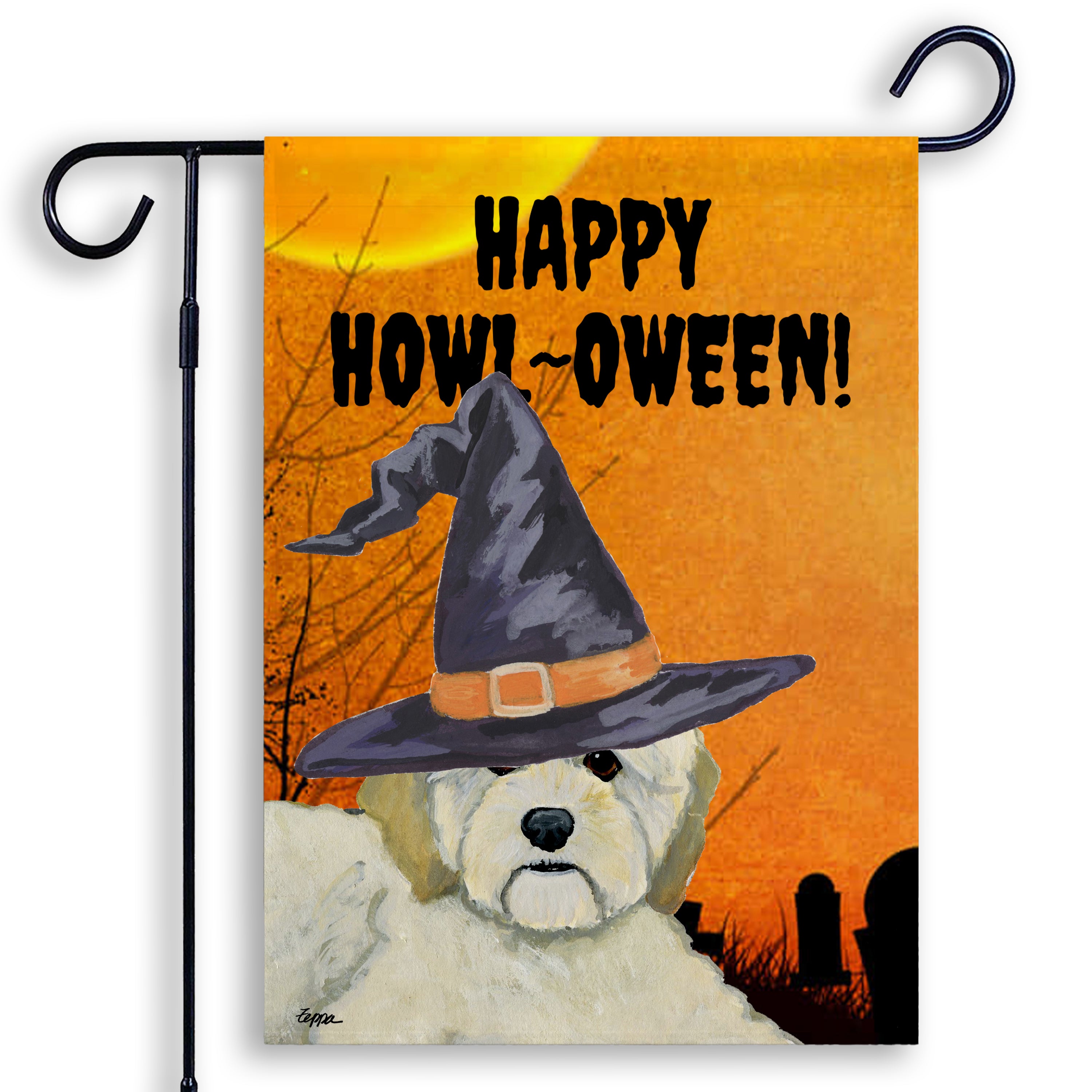 Halloween-themed garden flag with a Cockapoo wearing a witch hat and 'Happy Howl-Oween!' text on an orange background.