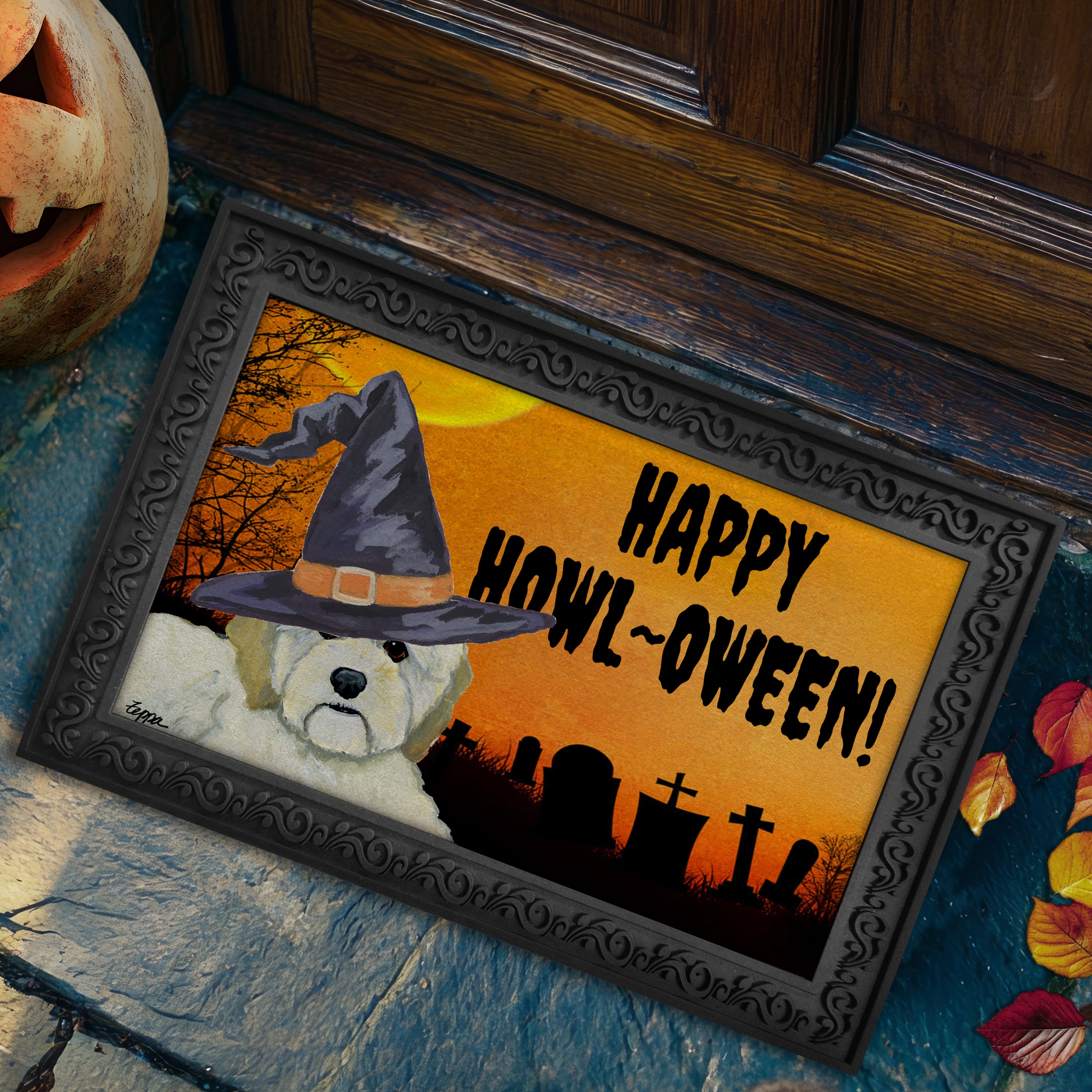 Halloween-themed doormat with a Cockapoo wearing a witch hat and 'Happy Howl-Oween!' text on a doorstep.