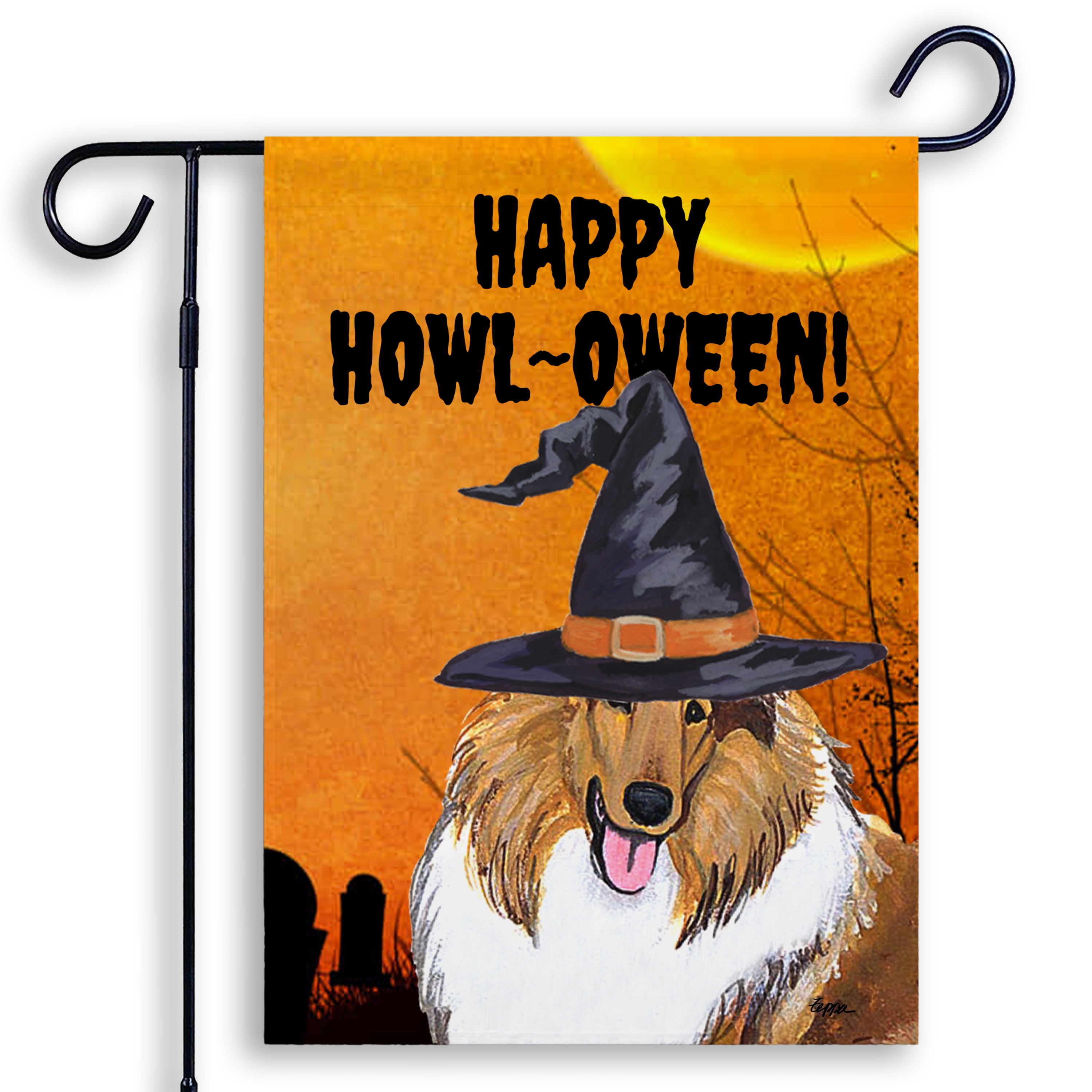 Halloween-themed garden flag with an Collie wearing a witch hat and 'Happy Howl-Oween!' text on an orange background.