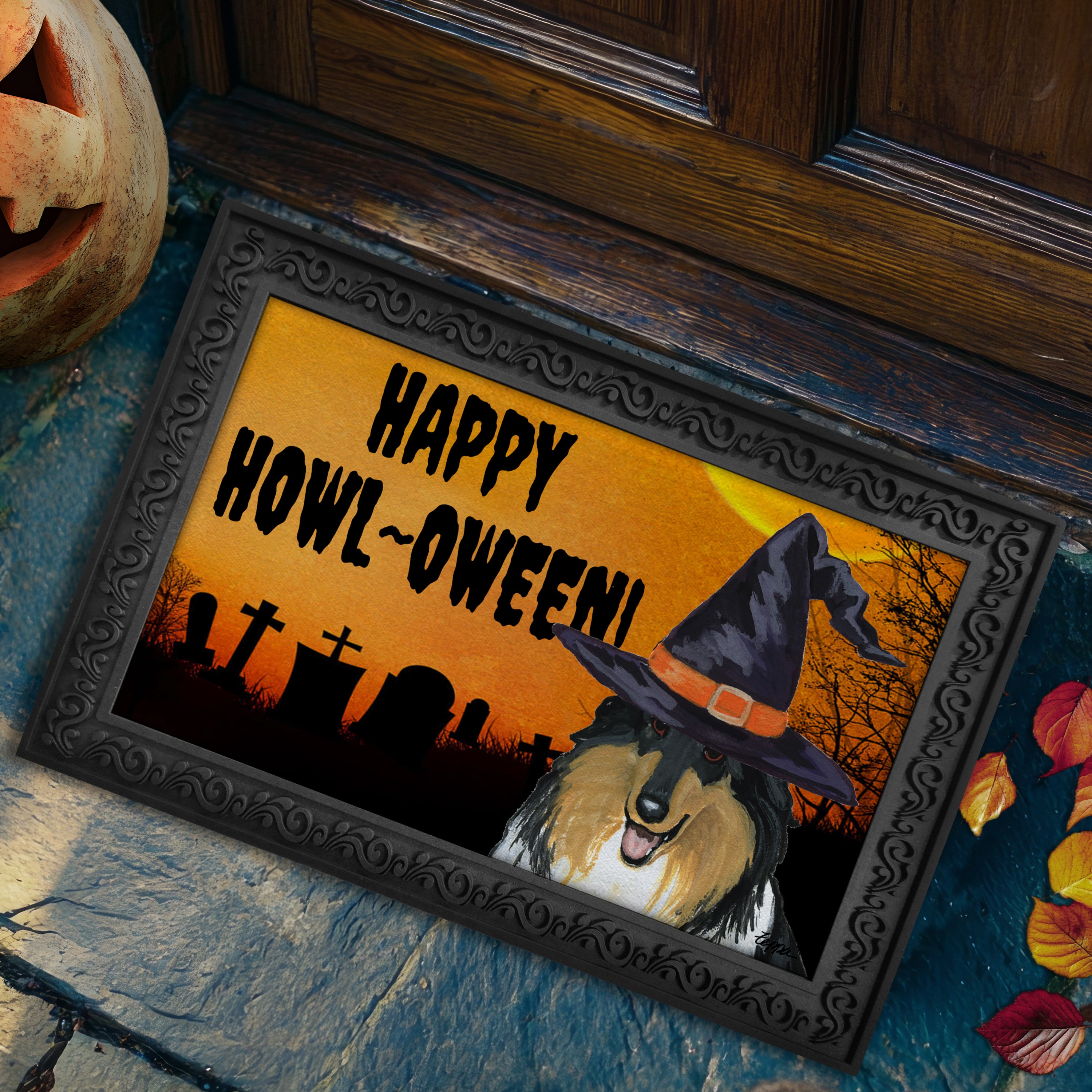 Halloween-themed doormat with a Collie wearing a witch hat and 'Happy Howl-Oween!' text on a doorstep.