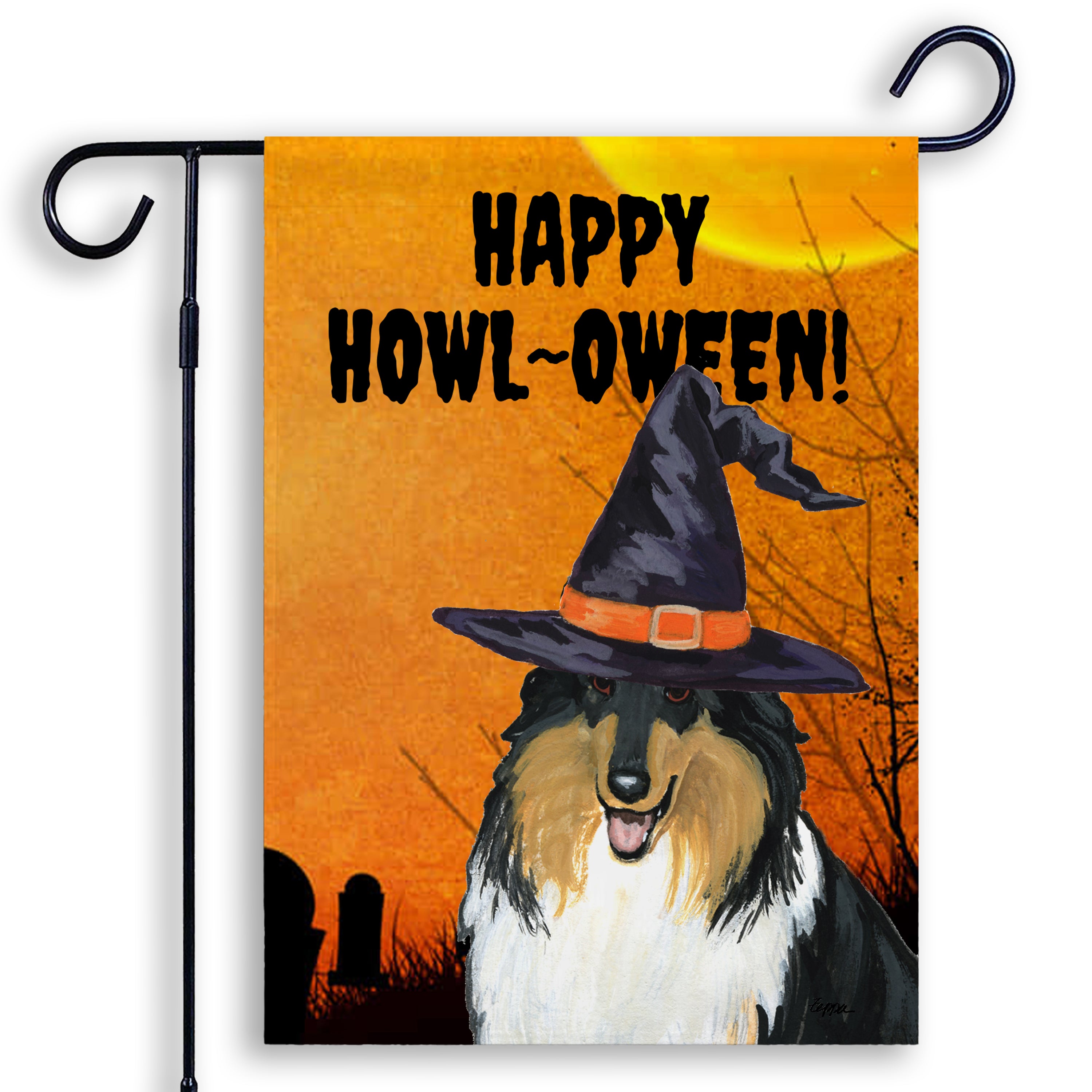 Halloween-themed garden flag with an Collie wearing a witch hat and 'Happy Howl-Oween!' text on an orange background.