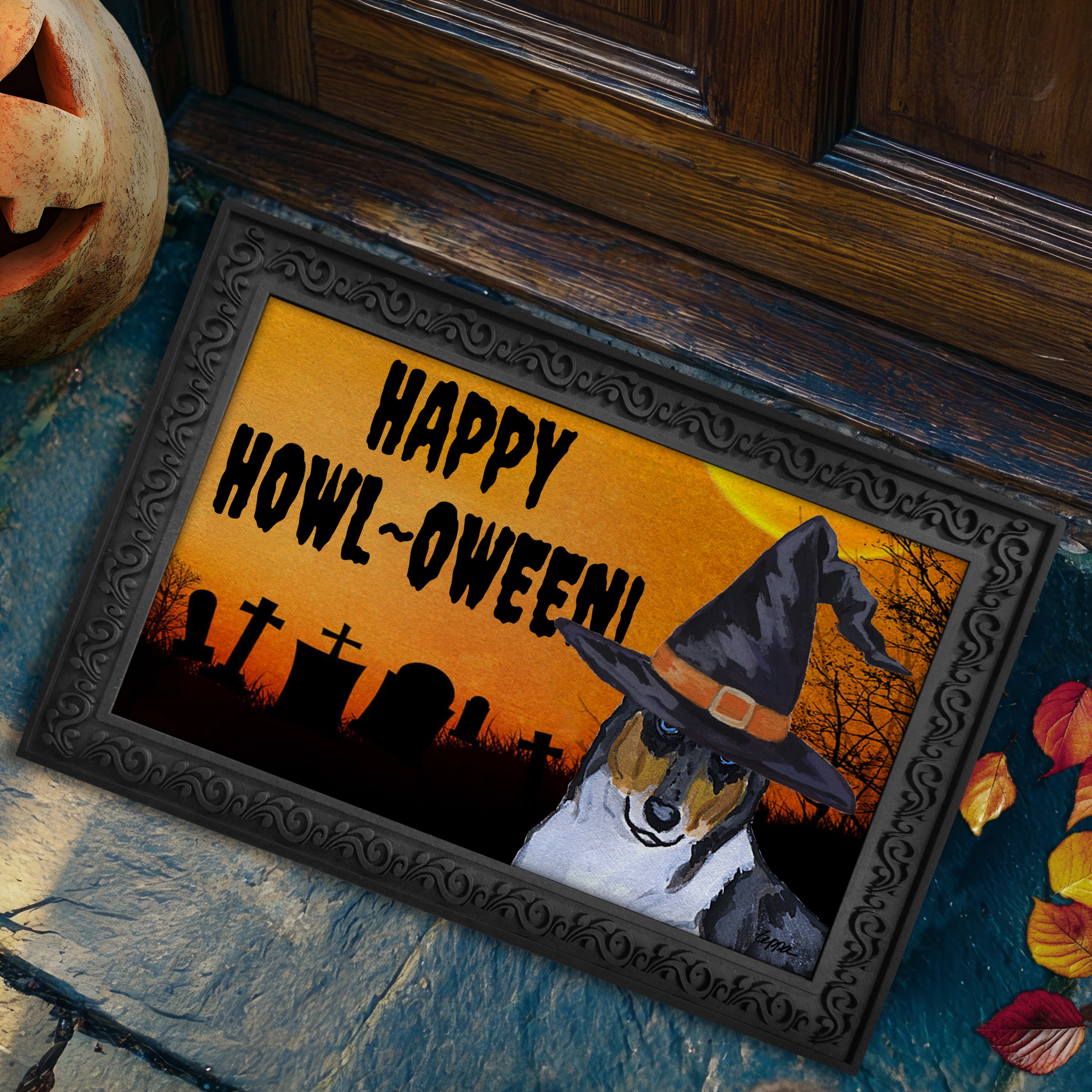 Halloween-themed doormat with a Collie wearing a witch hat and 'Happy Howl-Oween!' text on a doorstep.