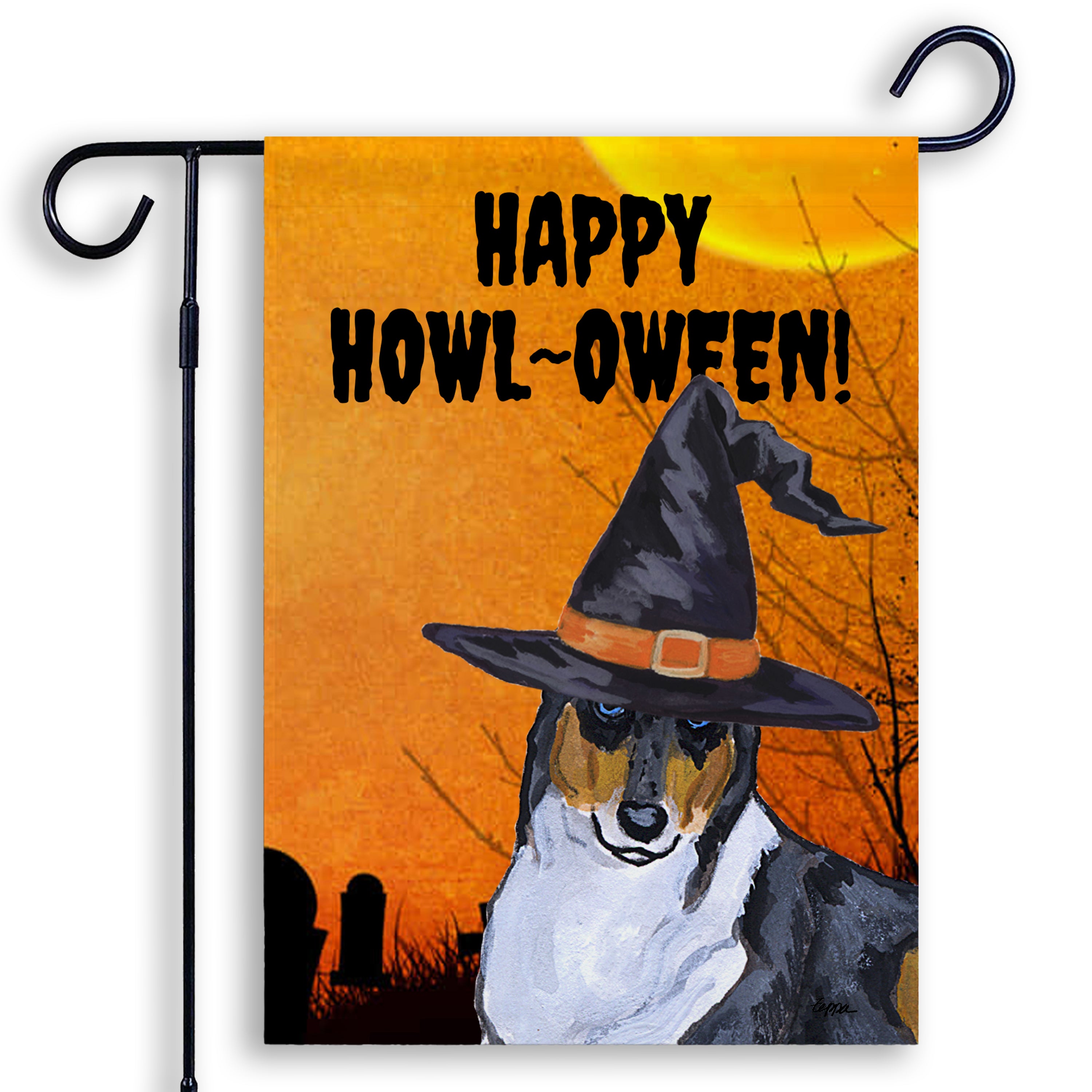 Halloween-themed garden flag with a Smooth Collie wearing a witch hat and 'Happy Howl-Oween!' text on an orange background.