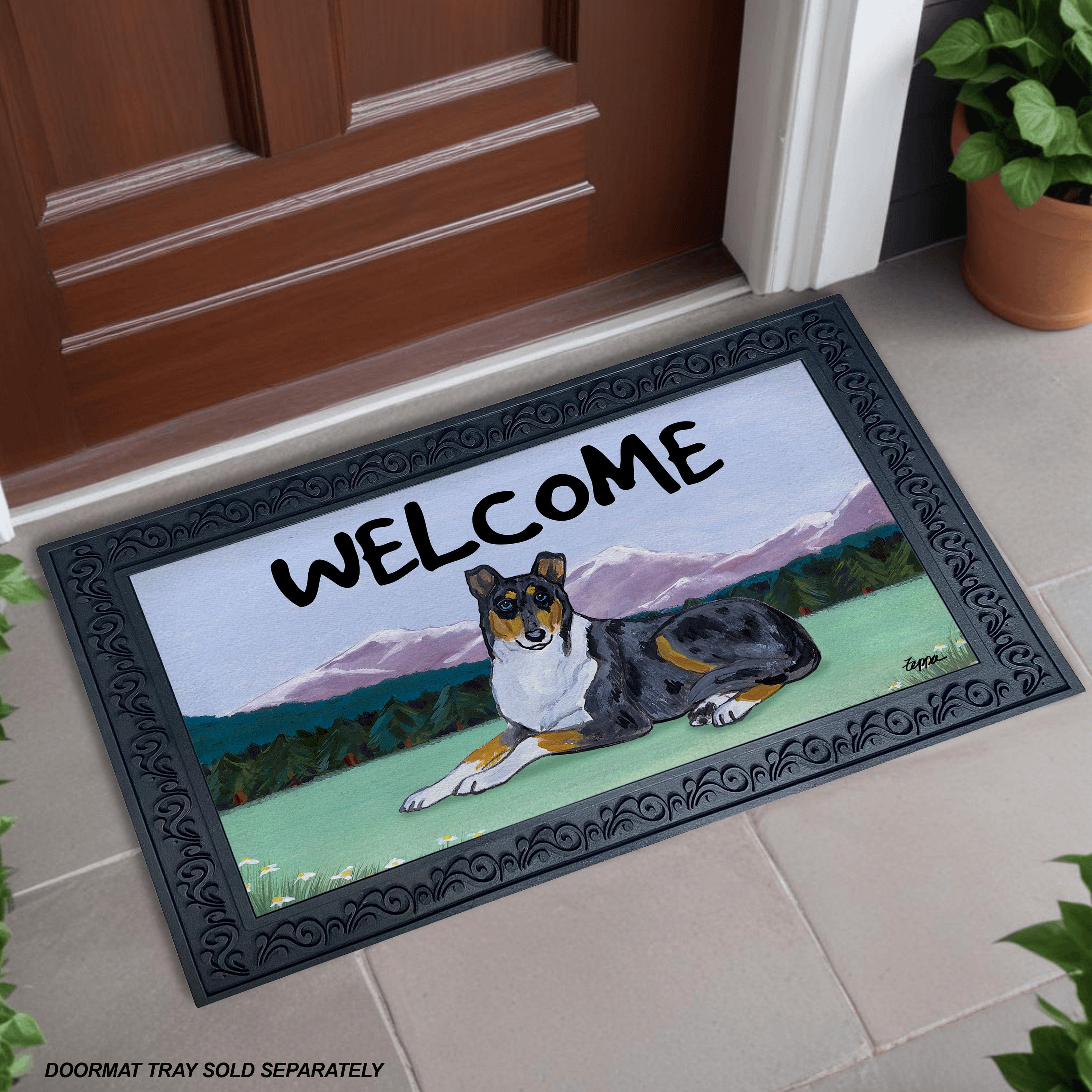 Smooth Collie Mountain Scene Welcome Mat