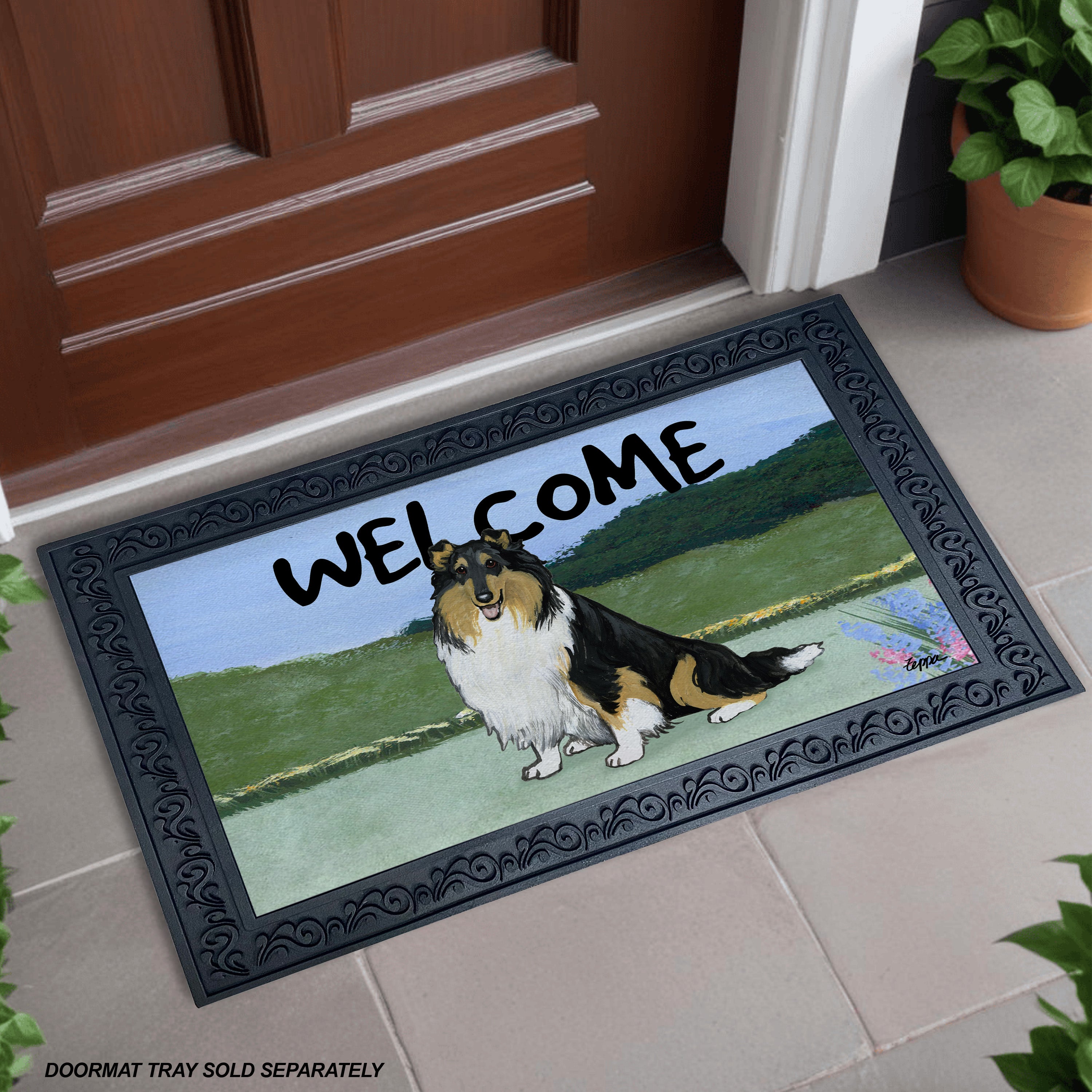 Tri Collie Yard Scene Welcome Mat