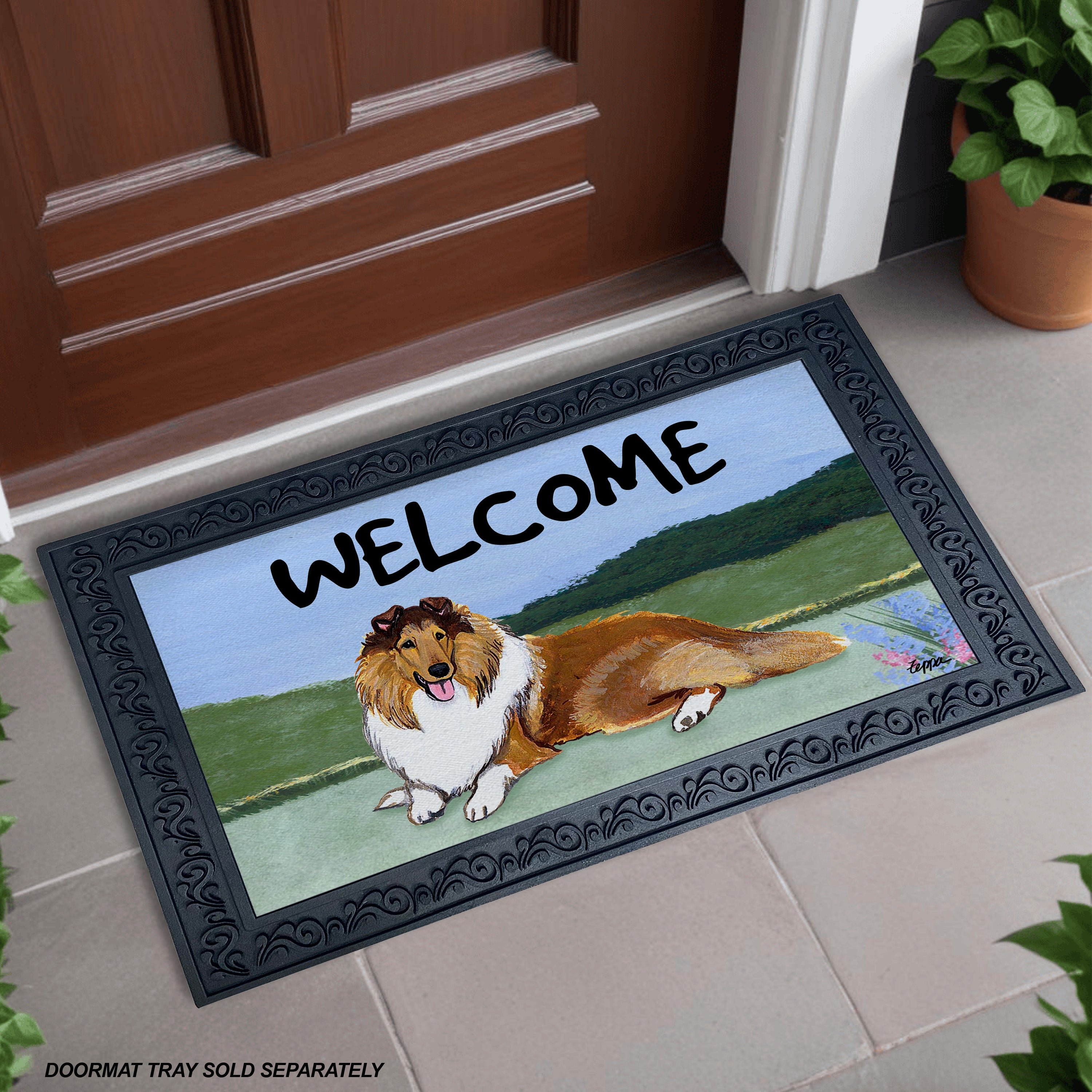 Collie Yard Scene Welcome Mat