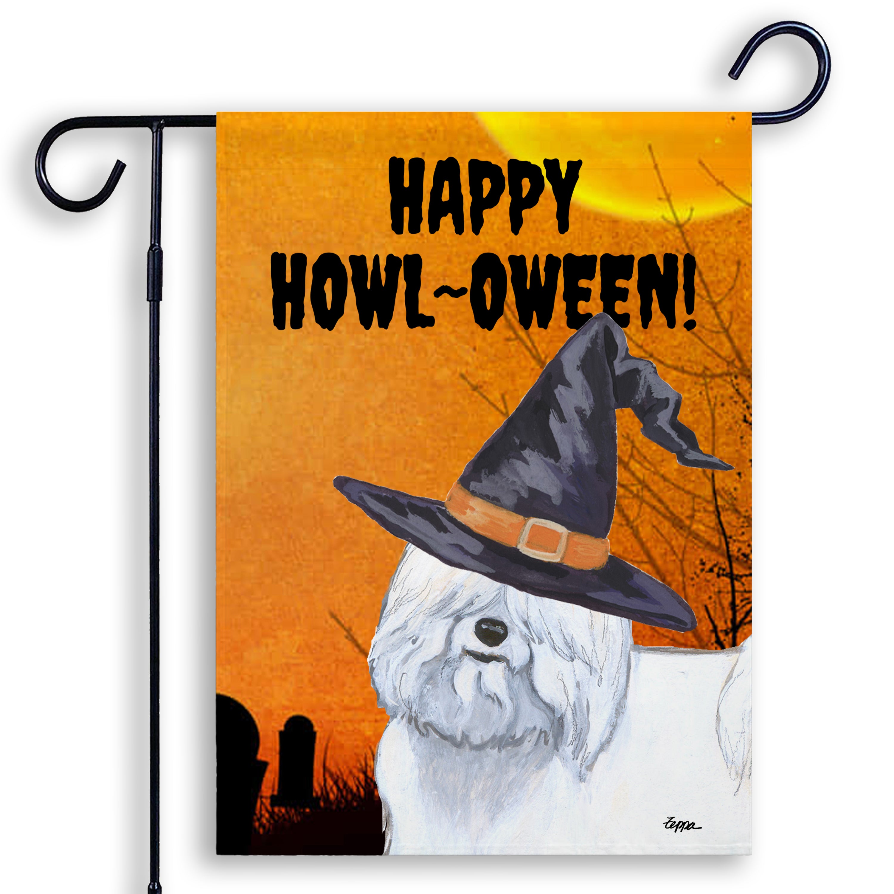 Halloween-themed garden flag with an Coton Du Tulear wearing a witch hat and 'Happy Howl-Oween!' text on an orange background.