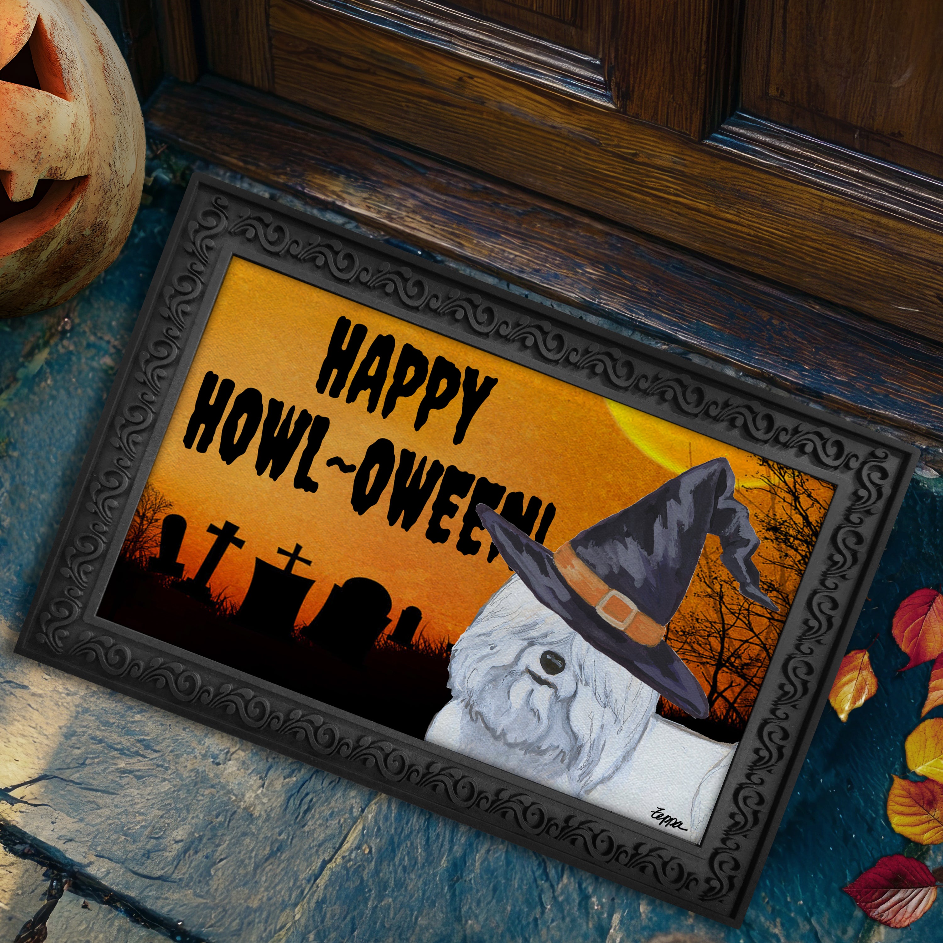 Halloween-themed doormat with a Coton du Tulear wearing a witch hat and 'Happy Howl-Oween!' text on a doorstep.