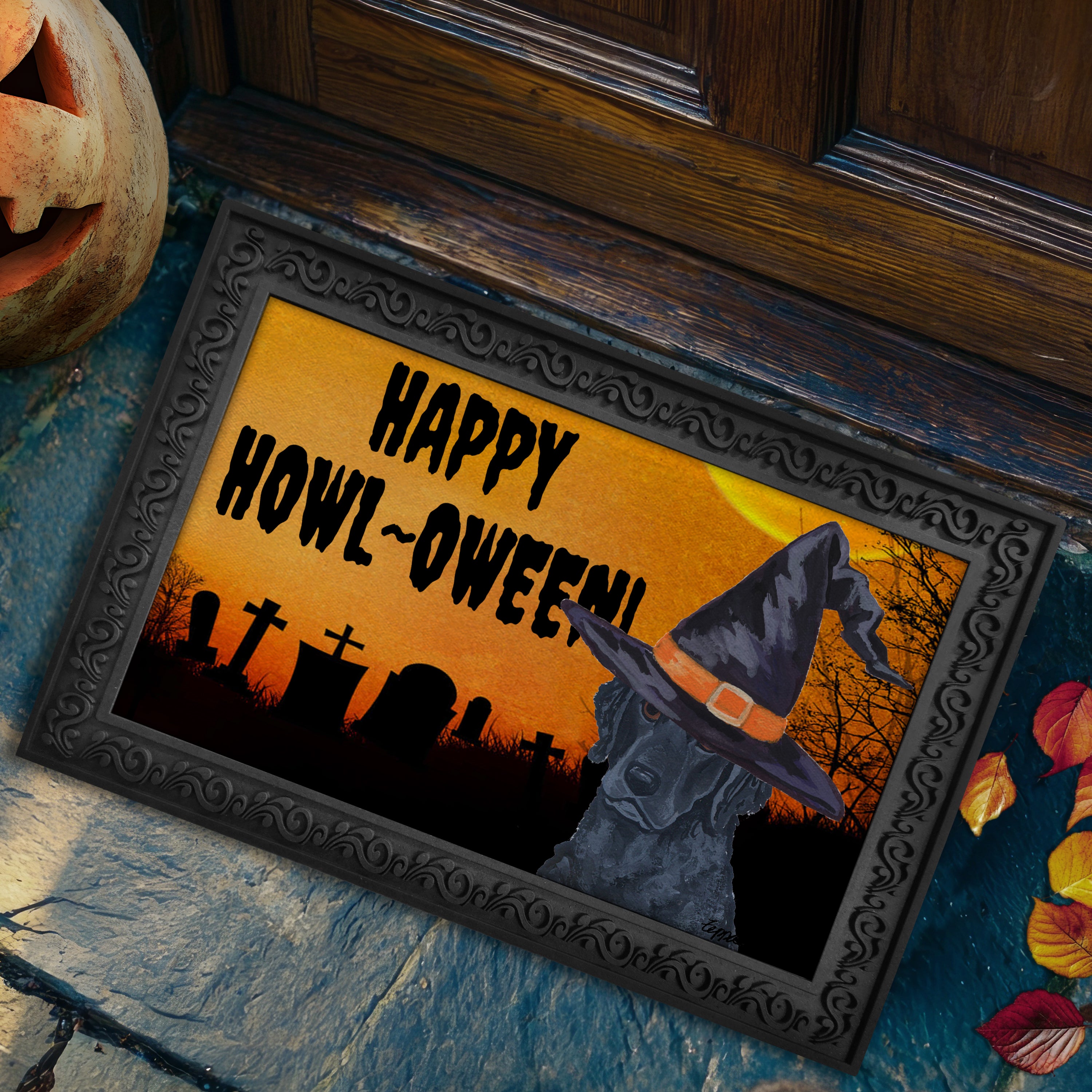 Halloween-themed doormat with a Curly Coated Retriever wearing a witch hat and 'Happy Howl-Oween!' text on a doorstep.