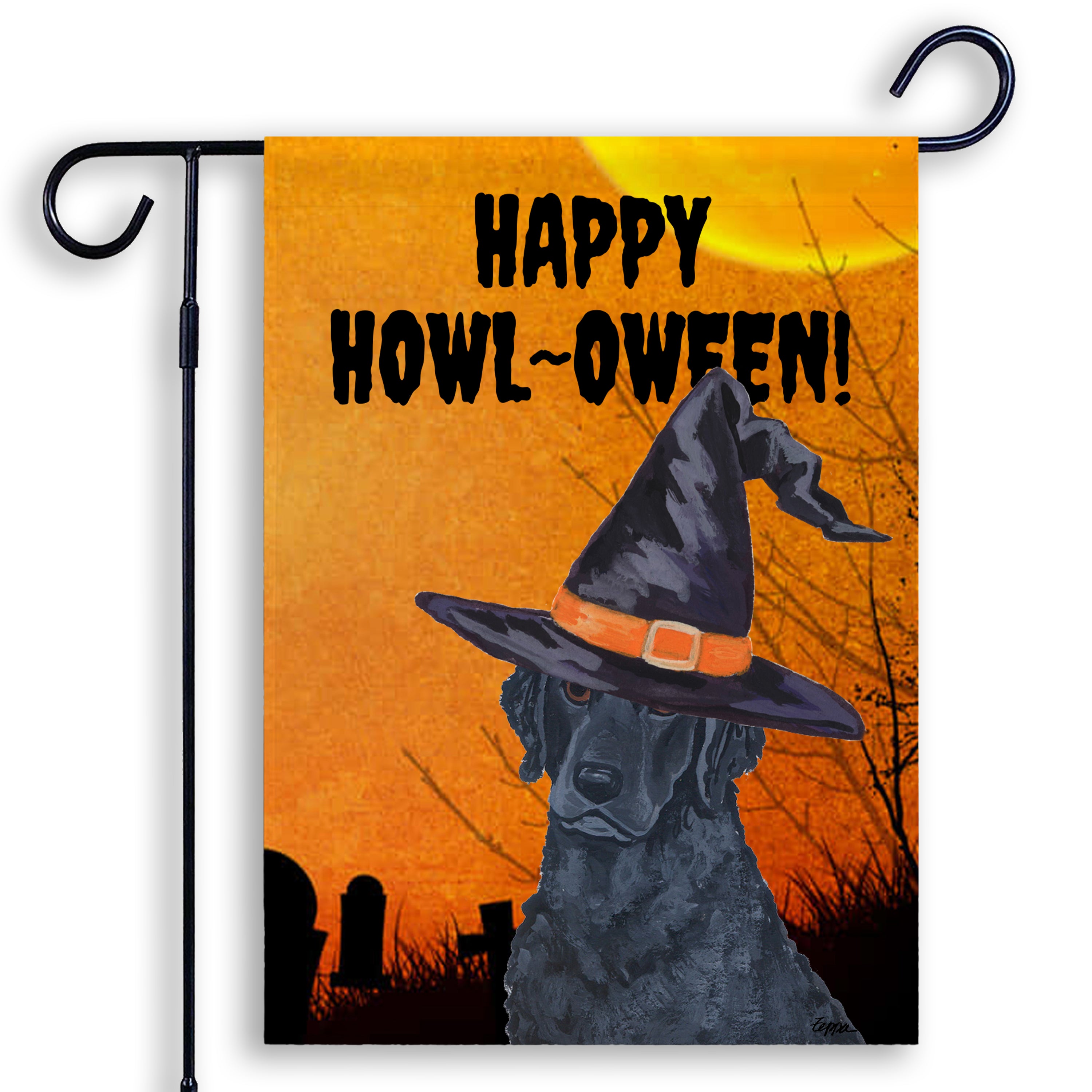 Halloween-themed garden flag with an Curly Coated Retriever wearing a witch hat and 'Happy Howl-Oween!' text on an orange background.