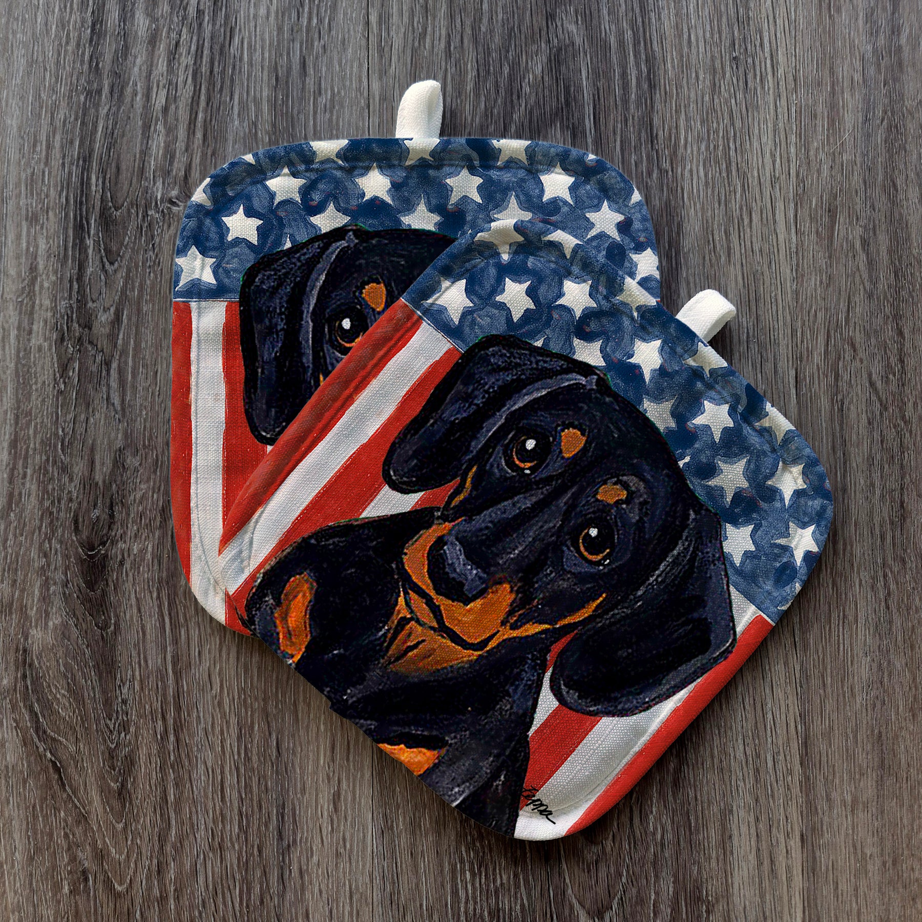 Black and Tan Dachshund Americana Pot Holder Set