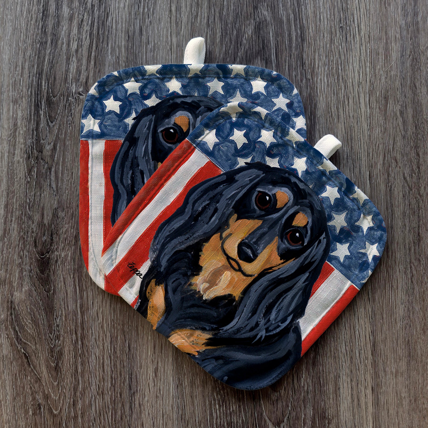Longhaired Black and Tan Dachshund Americana Pot Holder Set