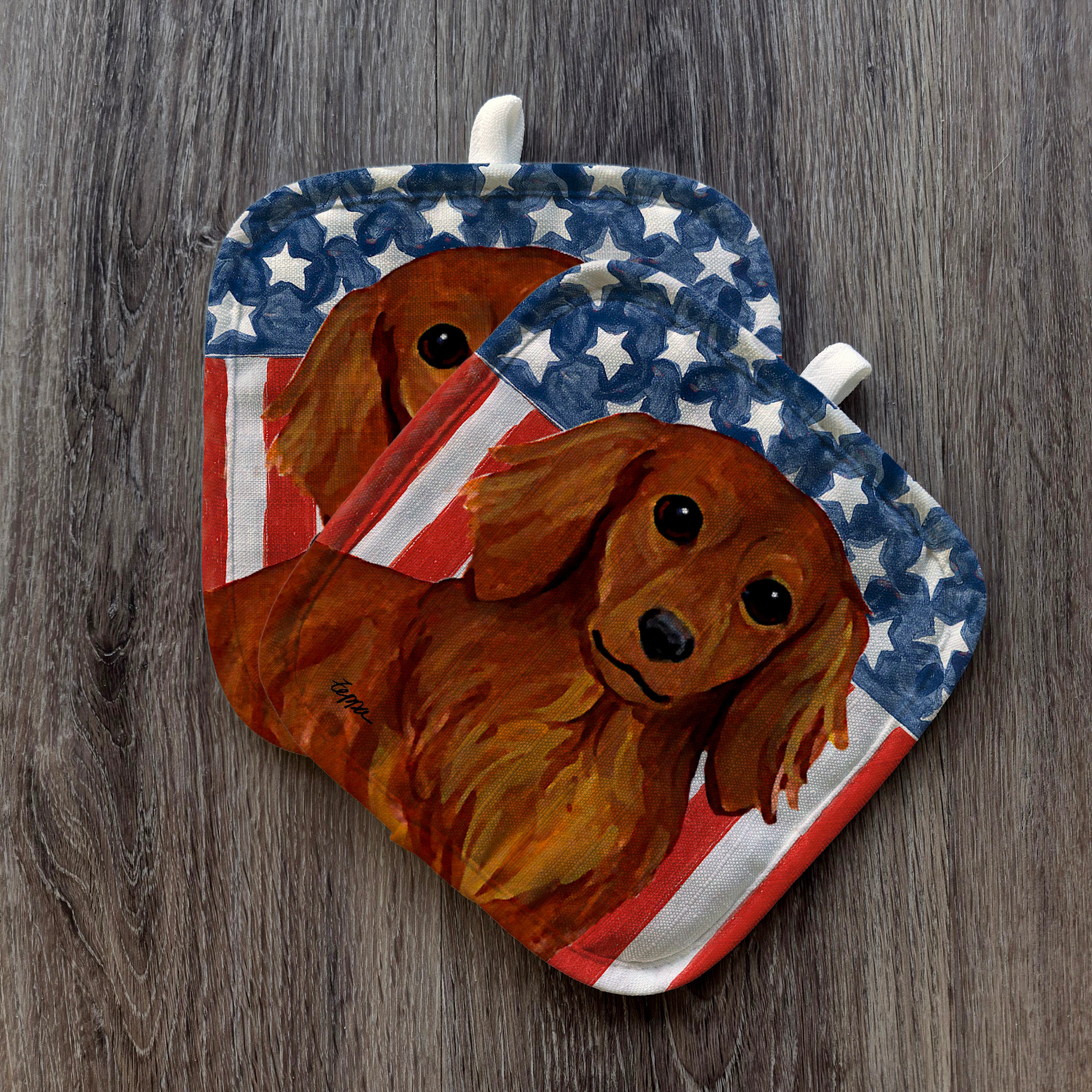 Longhaired Red Dachshund Americana Pot Holder Set