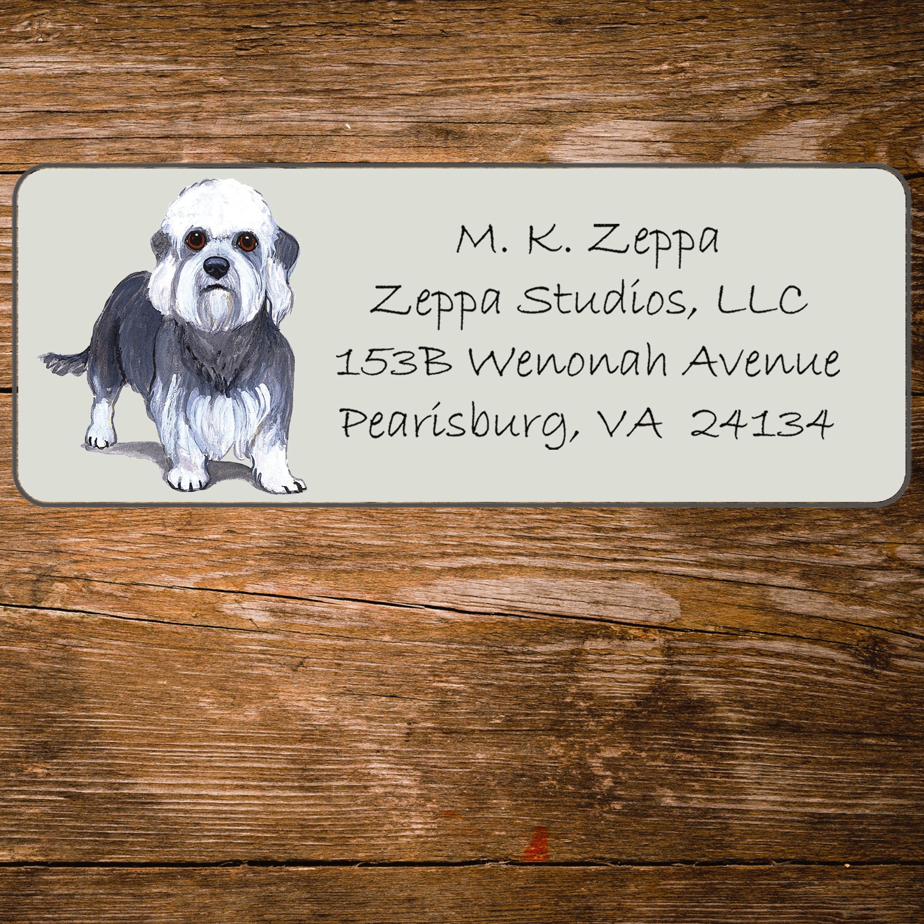 Return address label with a Dandi Dinmont Terrier illustration