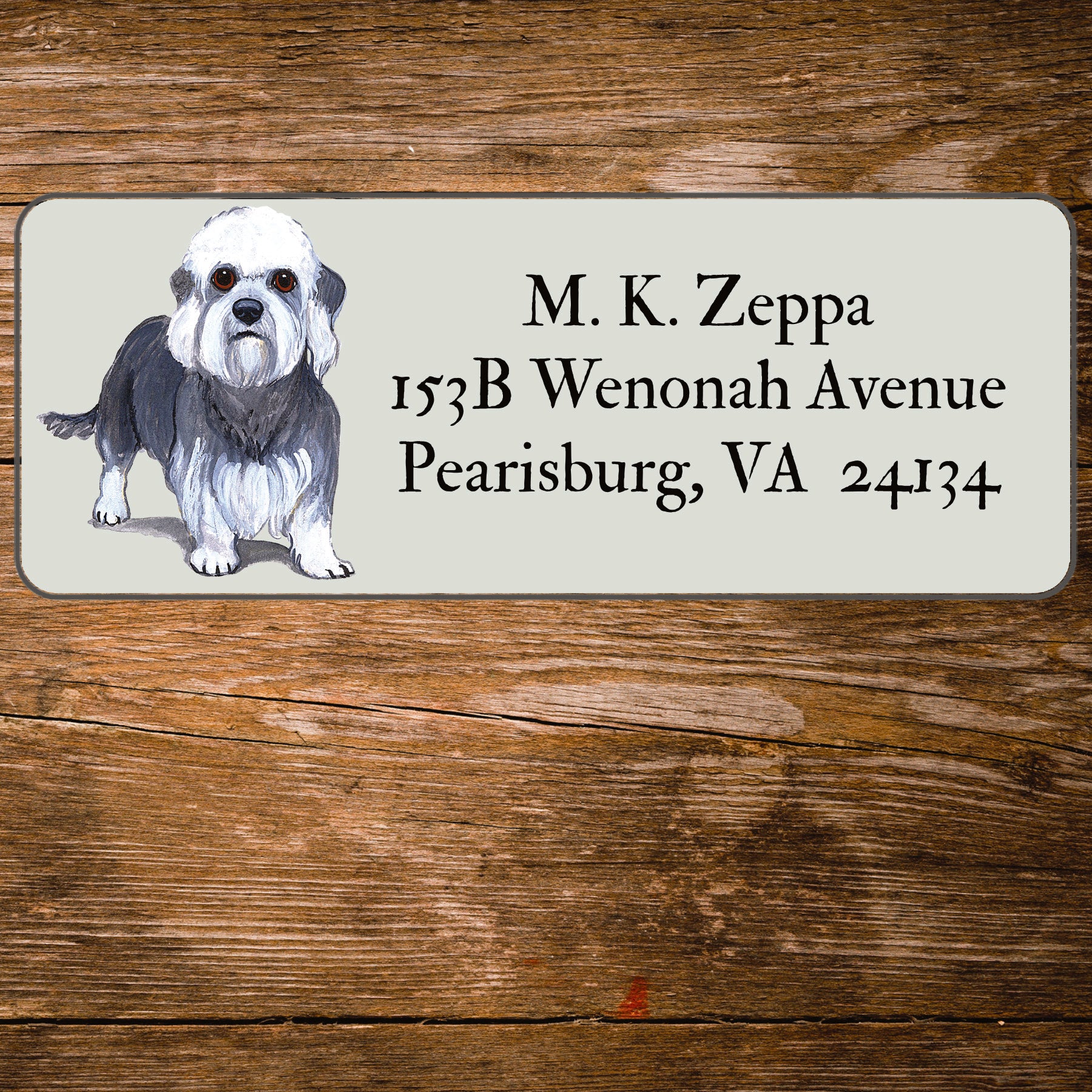 Return address label with a Dandi Dinmont Terrier illustration