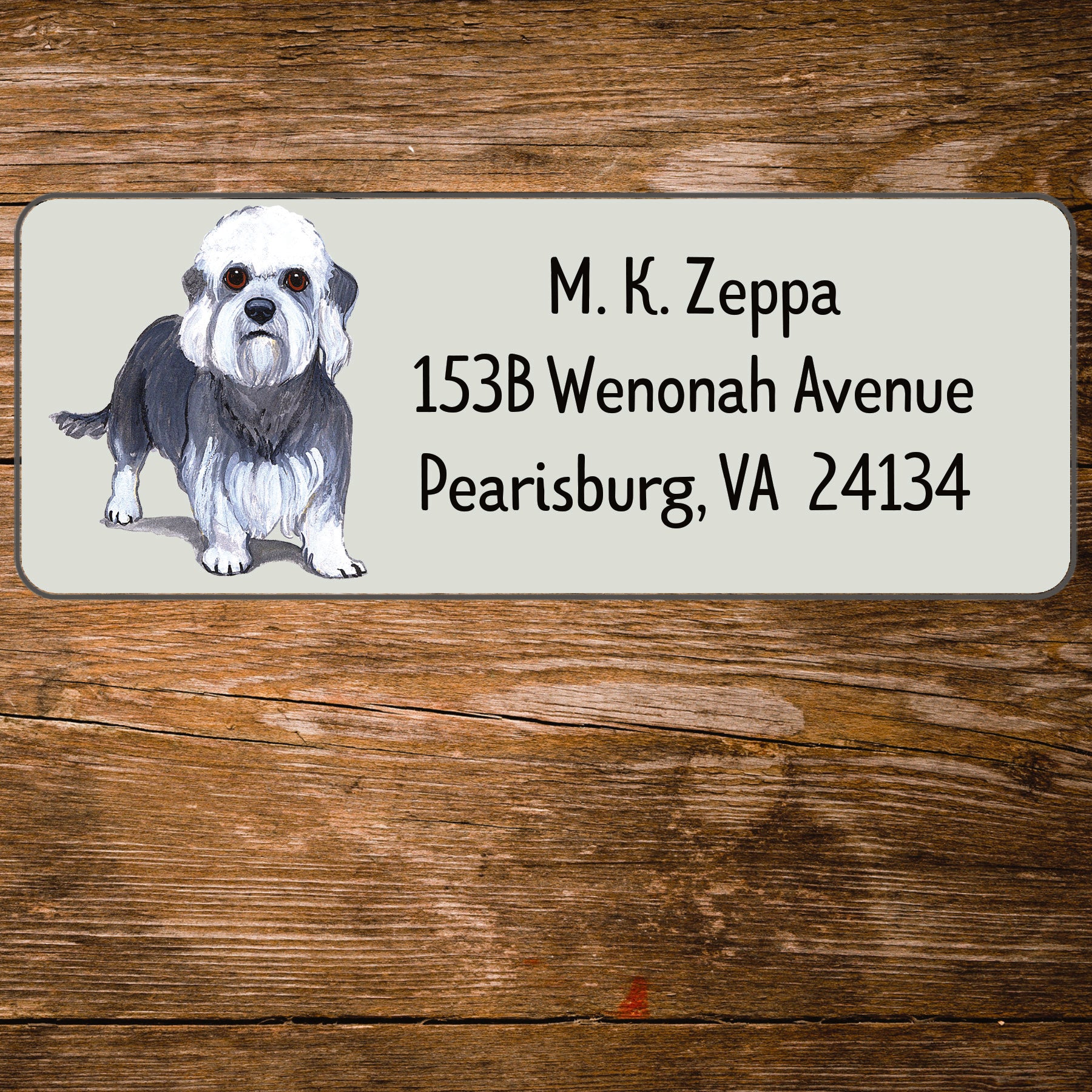 Return address label with a Dandi Dinmont Terrier illustration