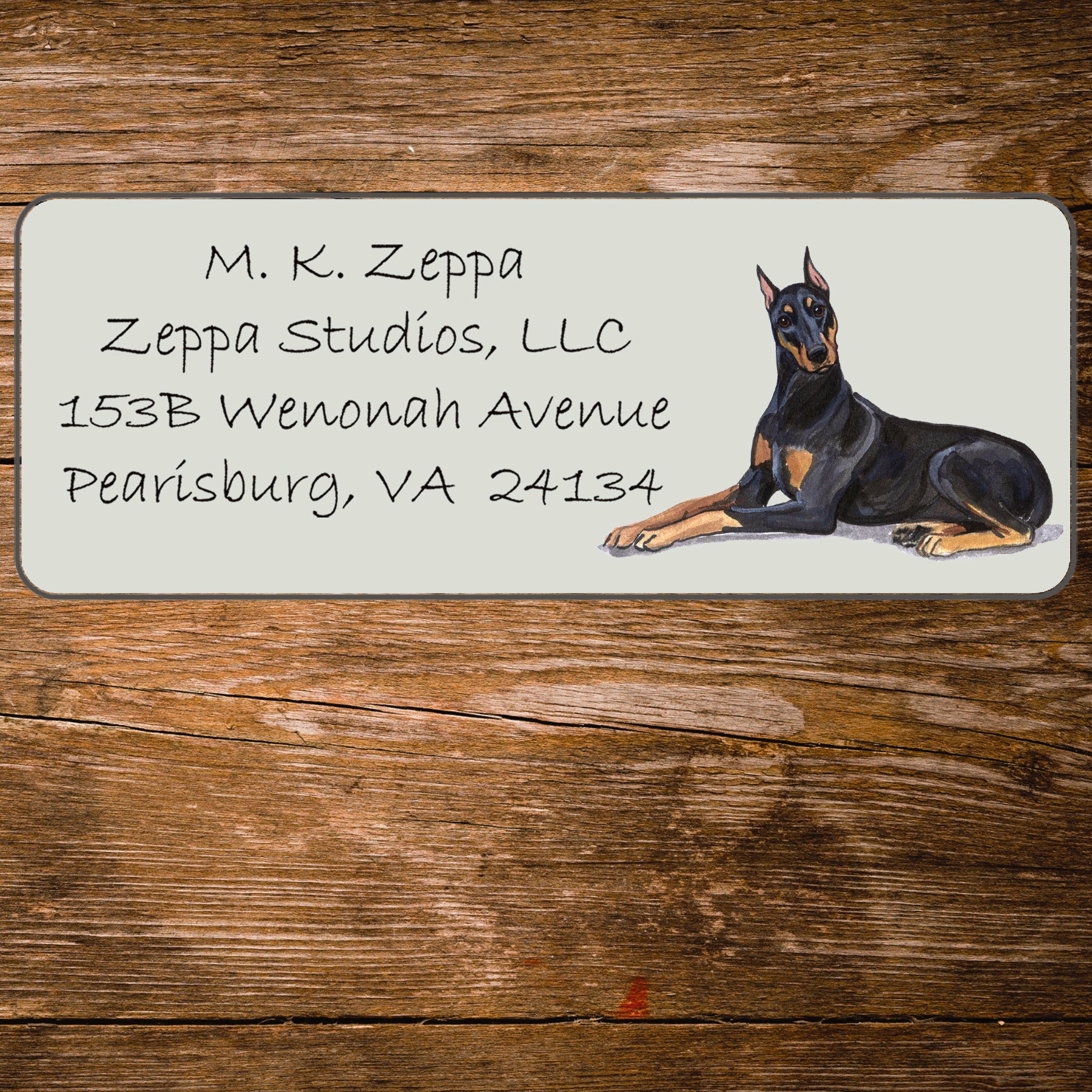 Return address label with a Doberman Pinscher illustration
