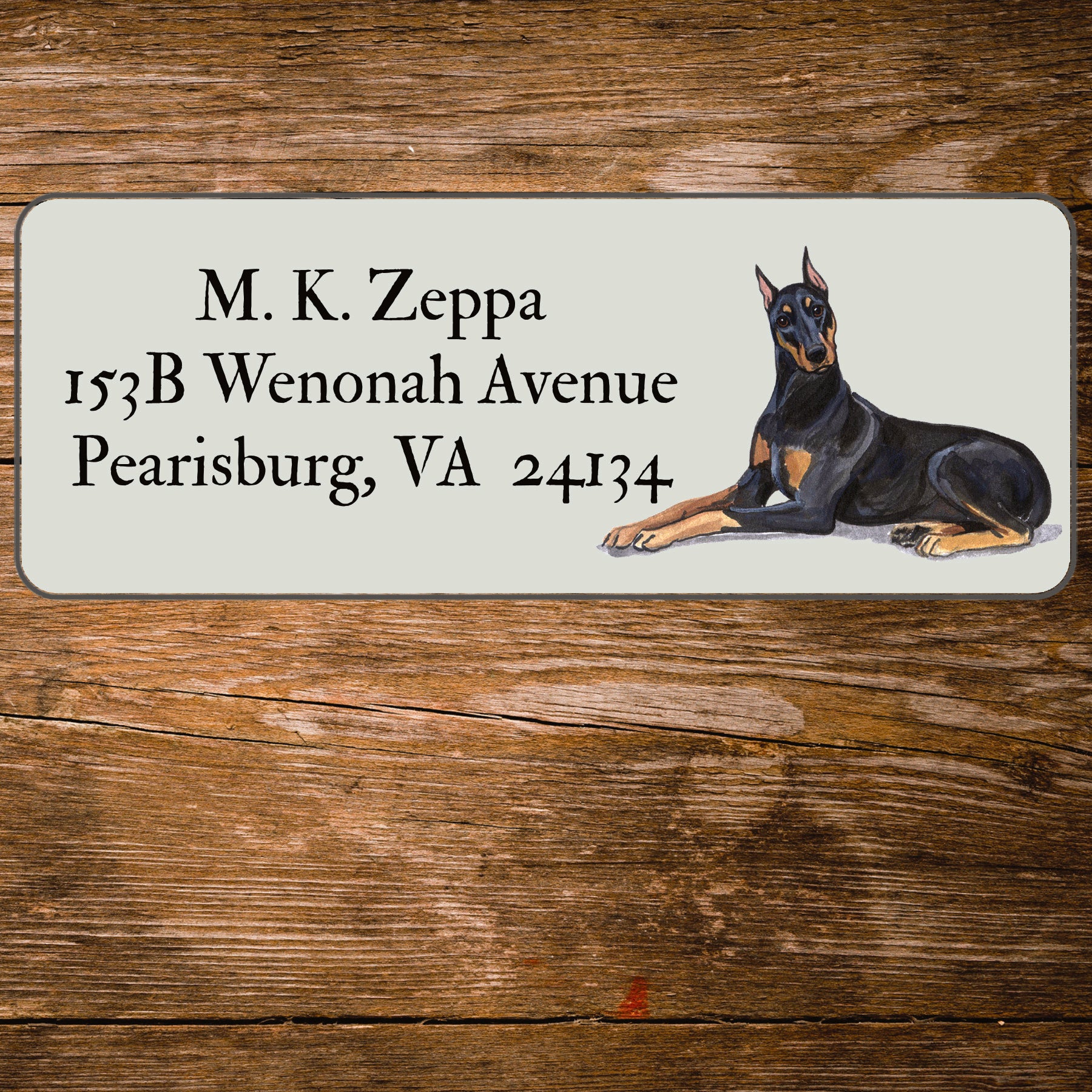 Return address label with a Doberman Pinscher illustration