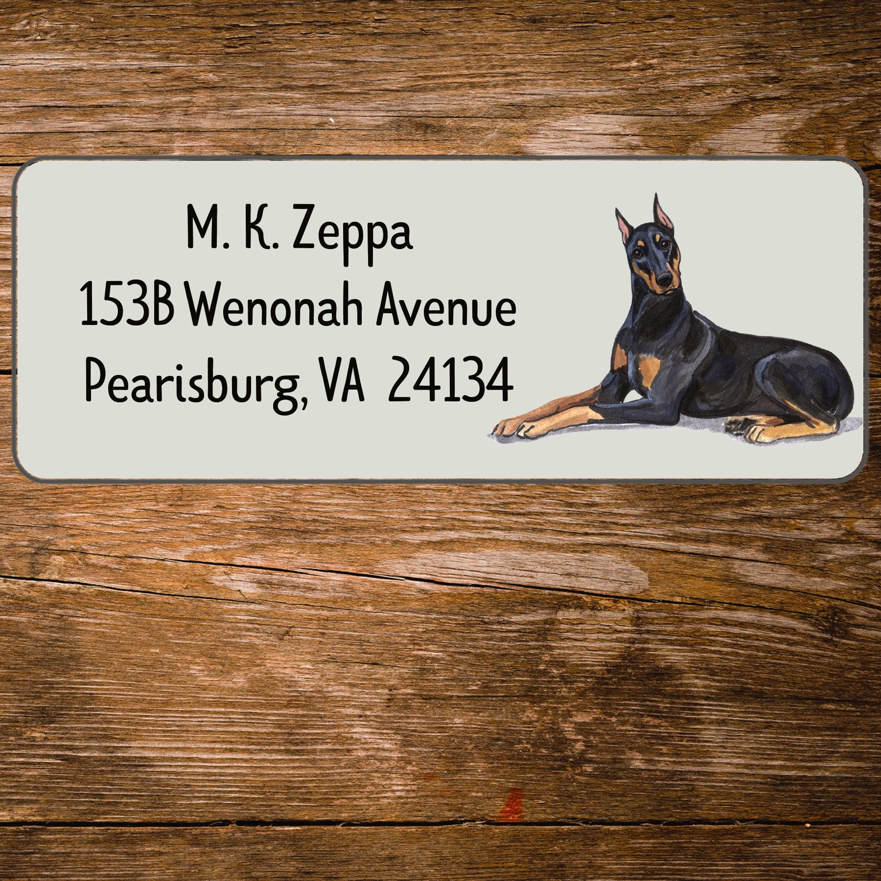 Return address label with a Doberman Pinscher illustration