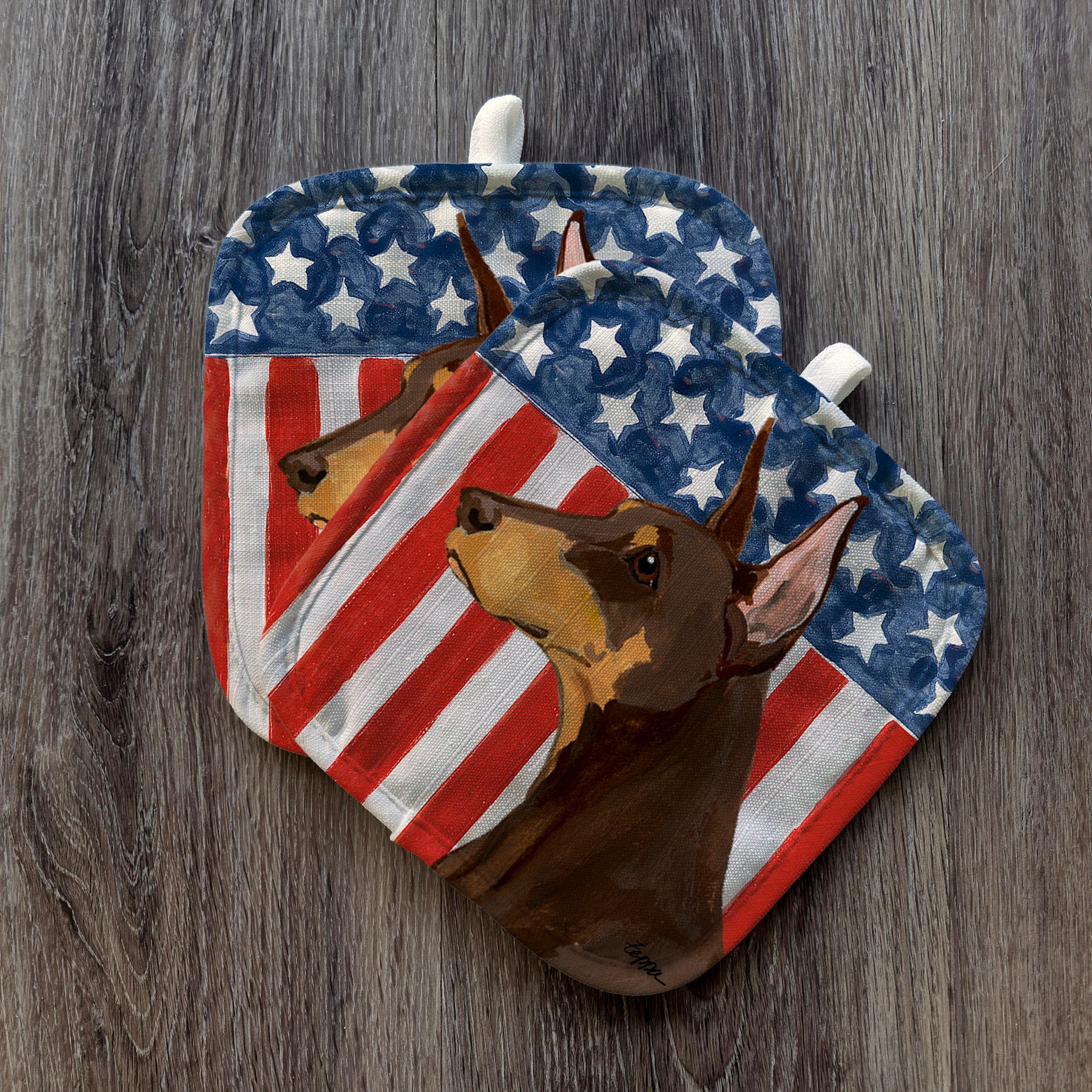 Red Doberman Pinscher Americana Pot Holder Set