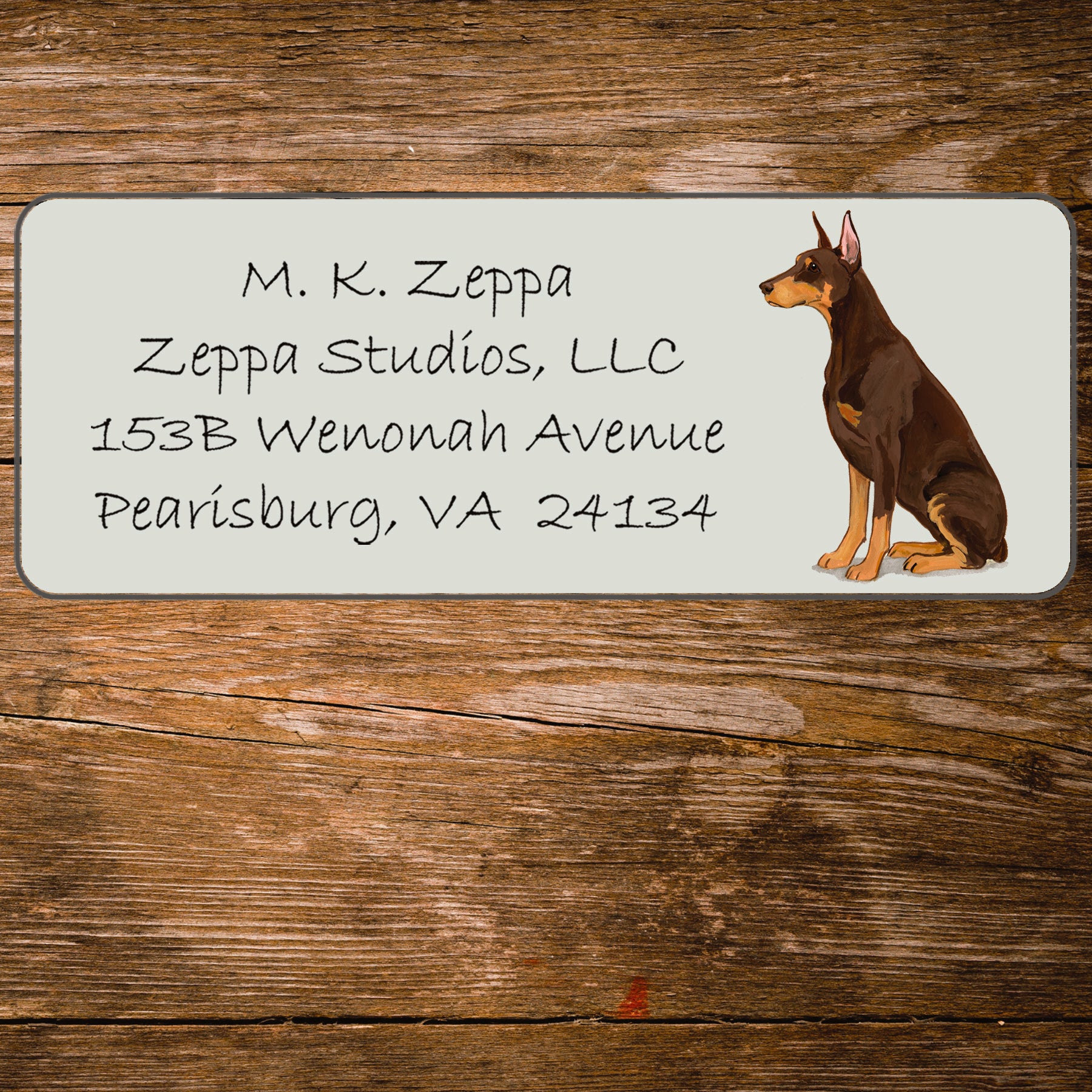 Return address label with a Doberman Pinscher illustration