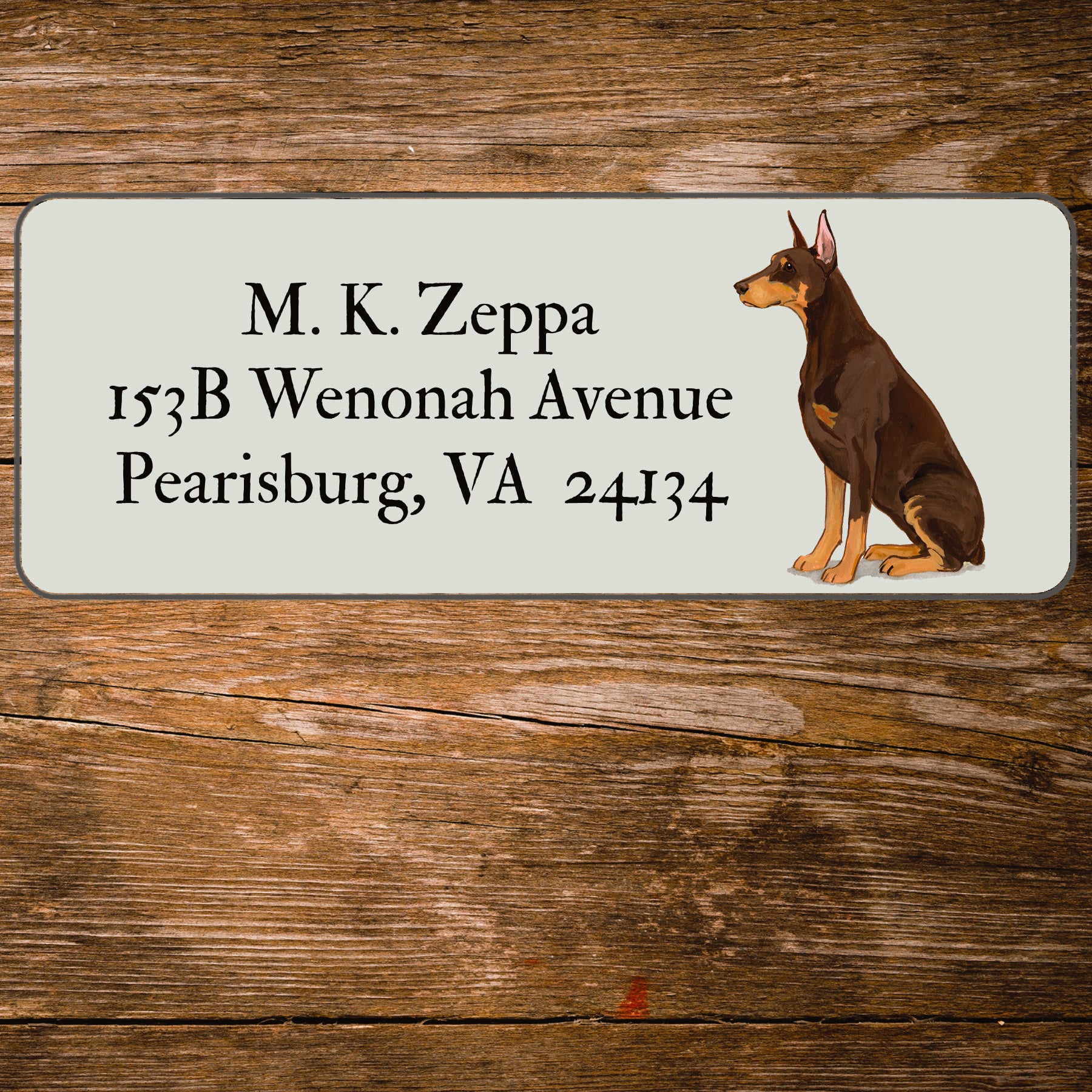 Return address label with a Doberman Pinscher illustration