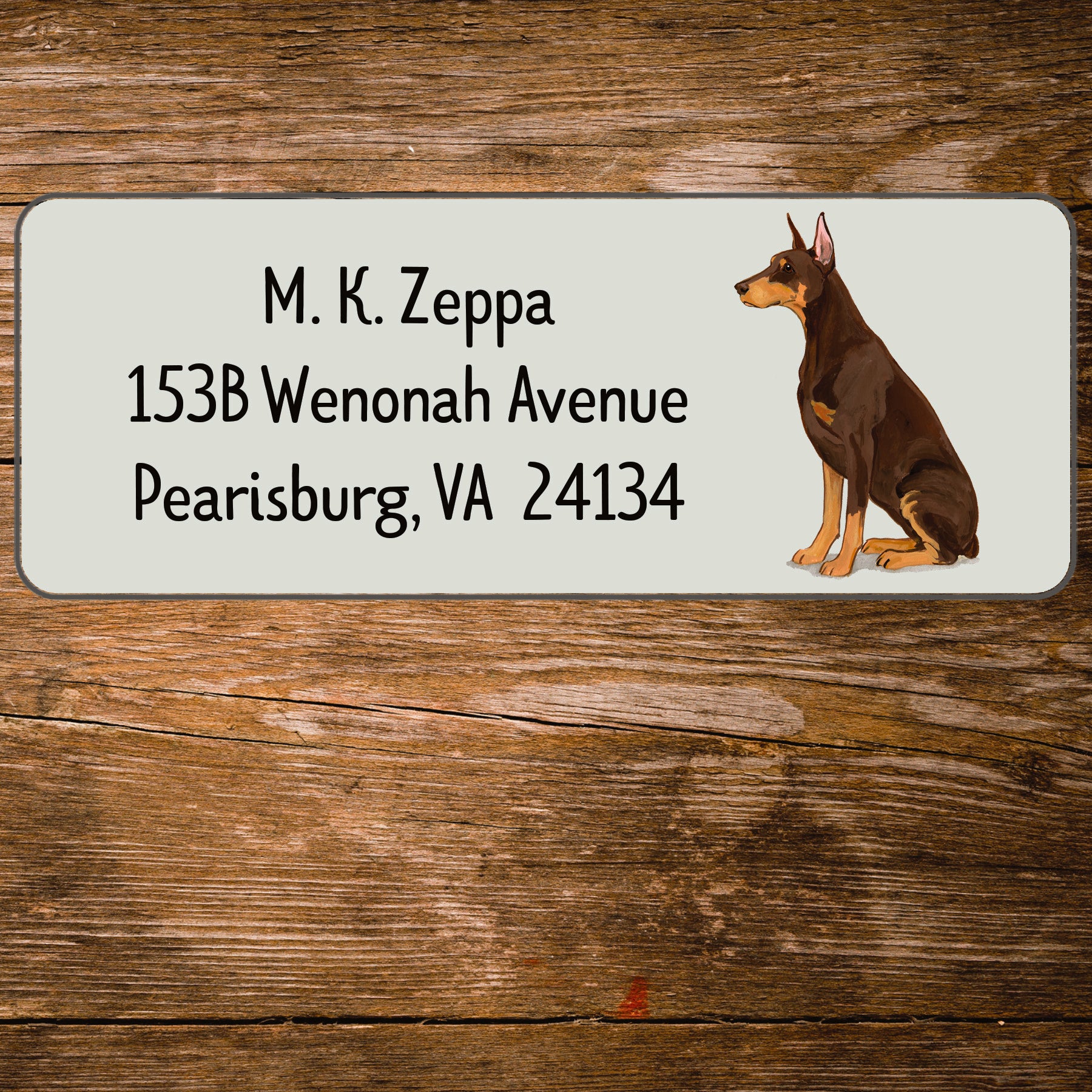 Return address label with a Doberman Pinscher illustration