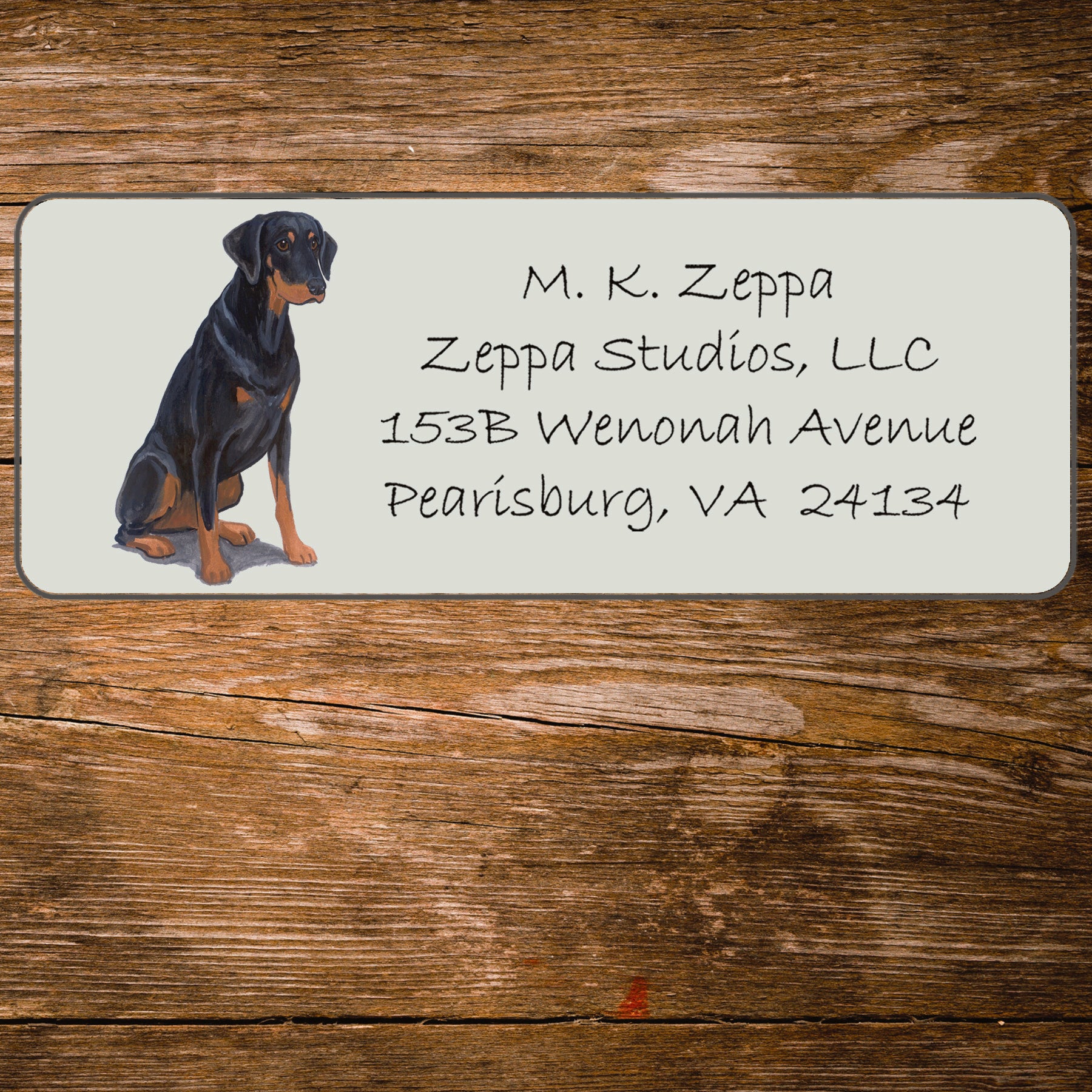 Return address label with a Doberman Pinscher illustration