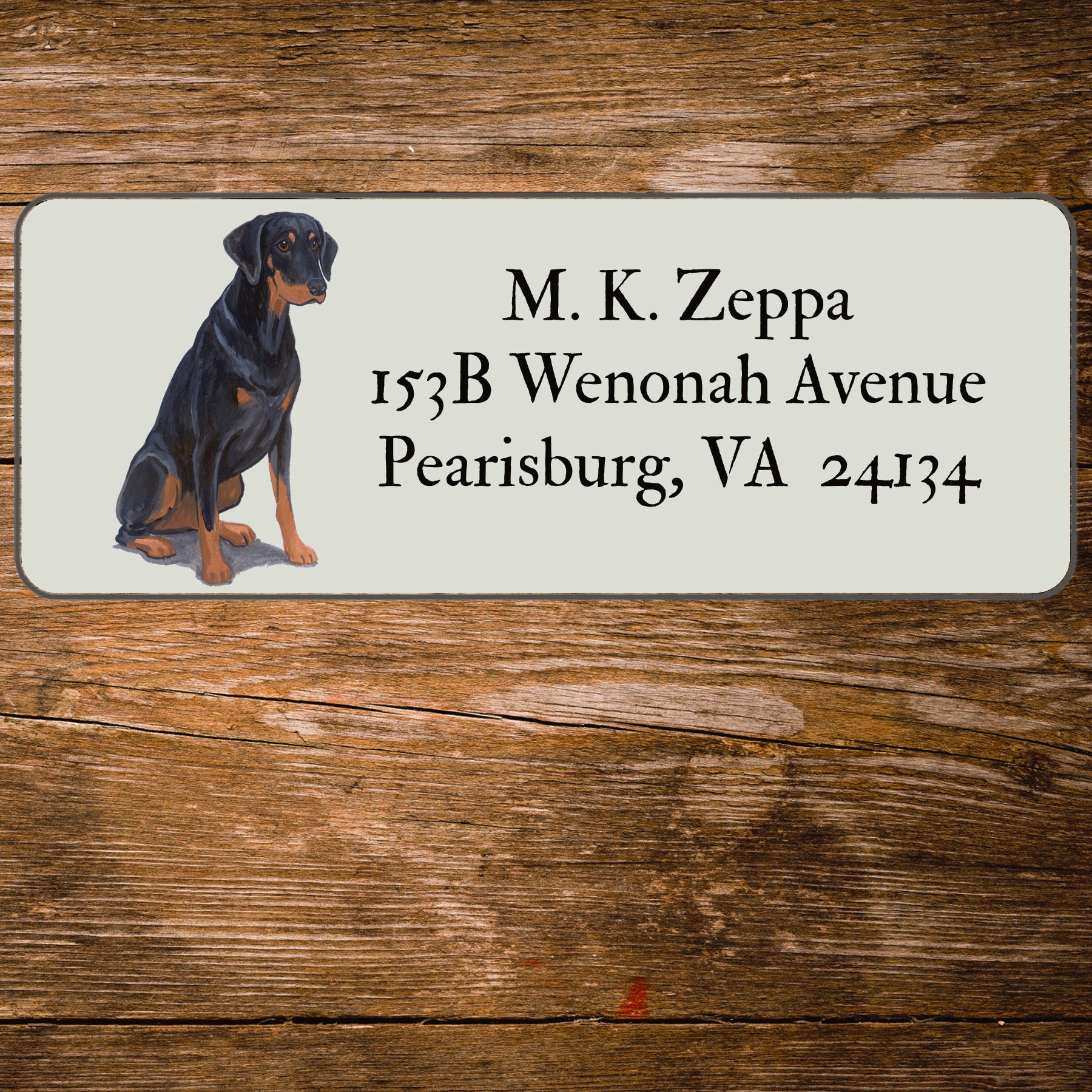 Return address label with a Doberman Pinscher illustration