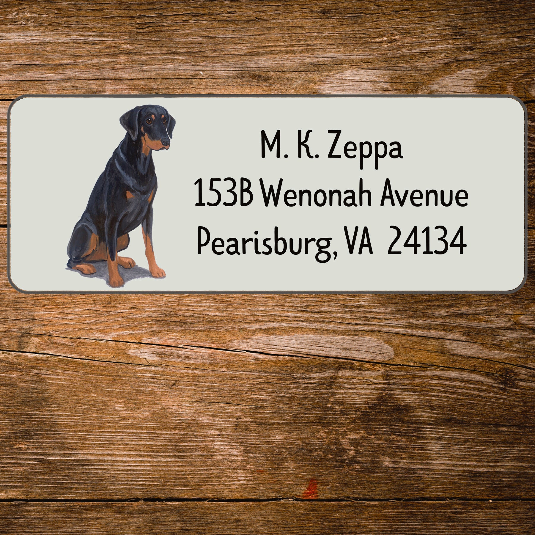 Return address label with a Doberman Pinscher illustration