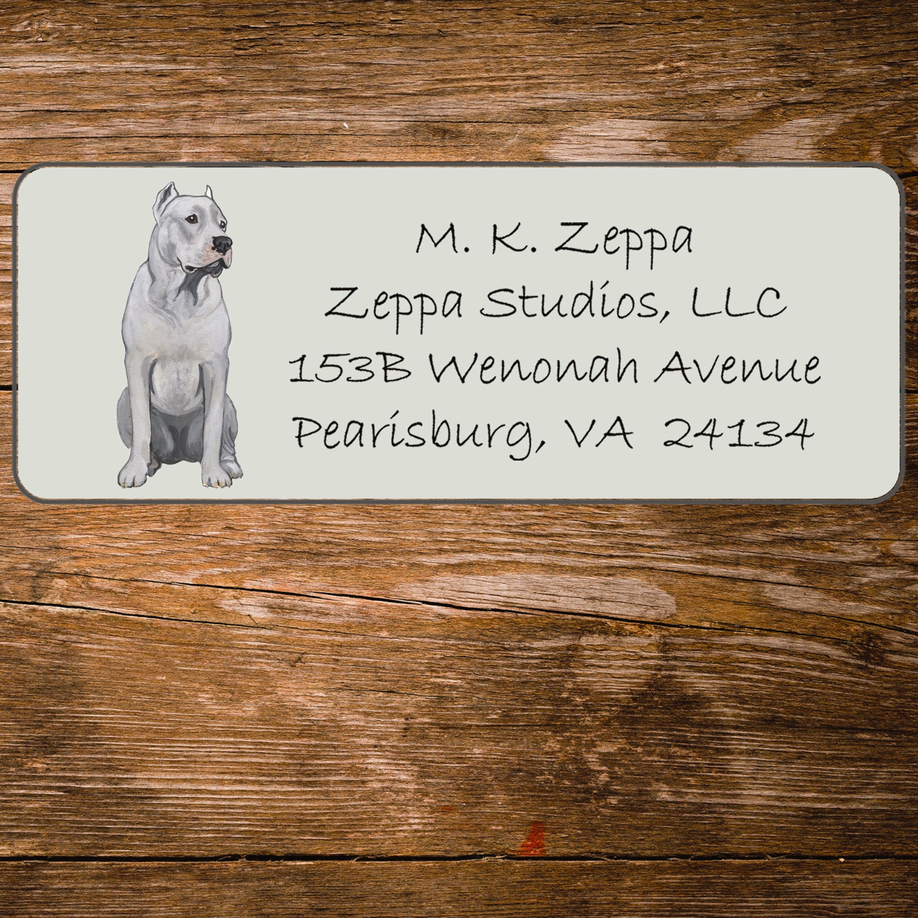 Return address label with an illustration of a Dogo Argentino