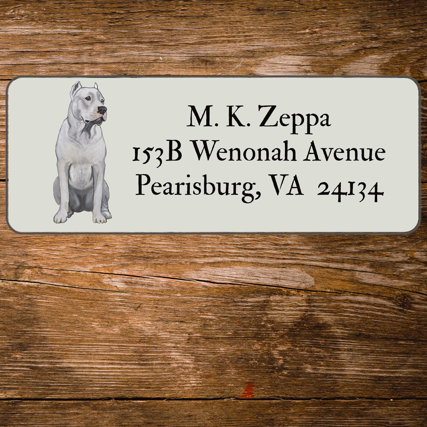 Return address label with an illustration of a Dogo Argentino