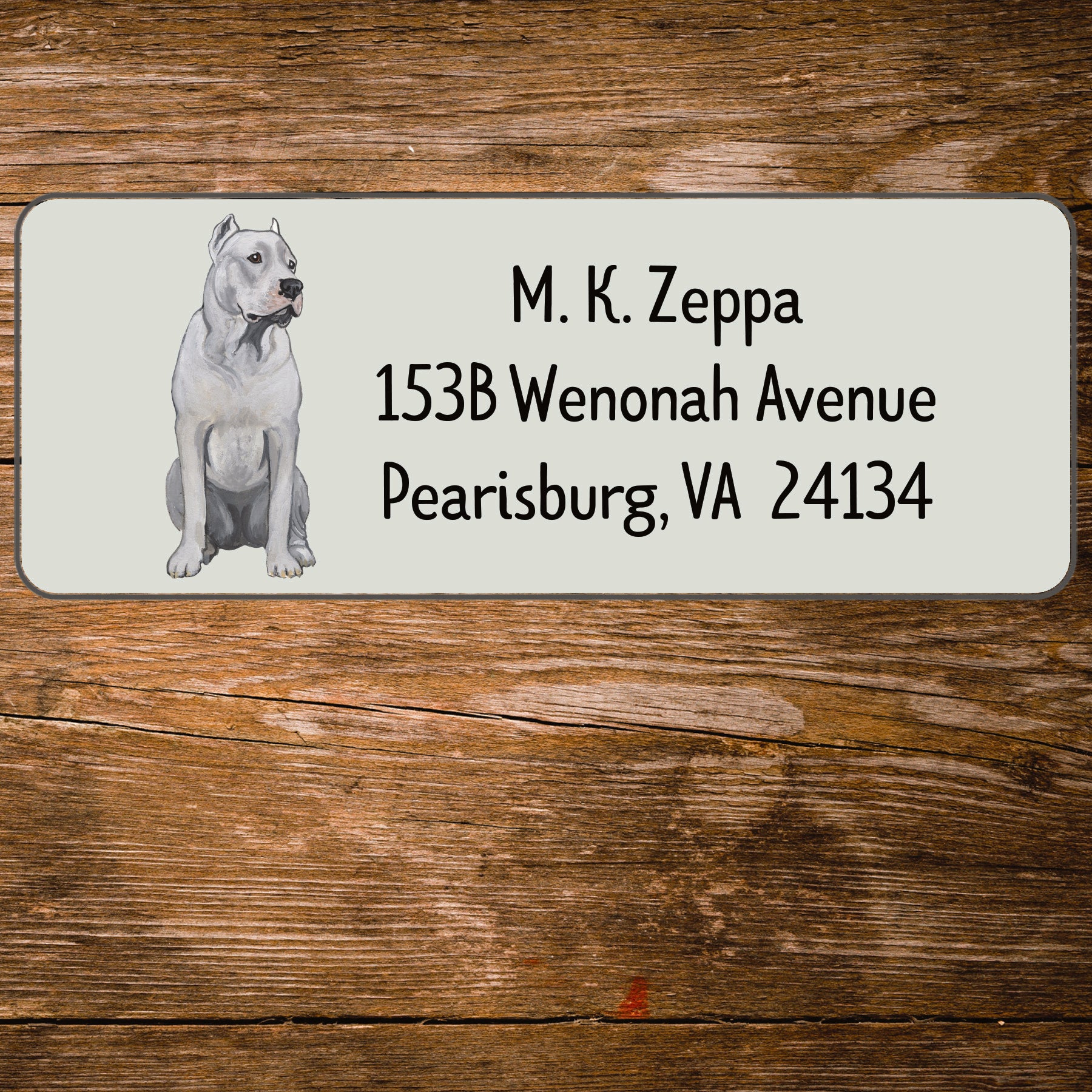 Return address label with an illustration of a Dogo Argentino