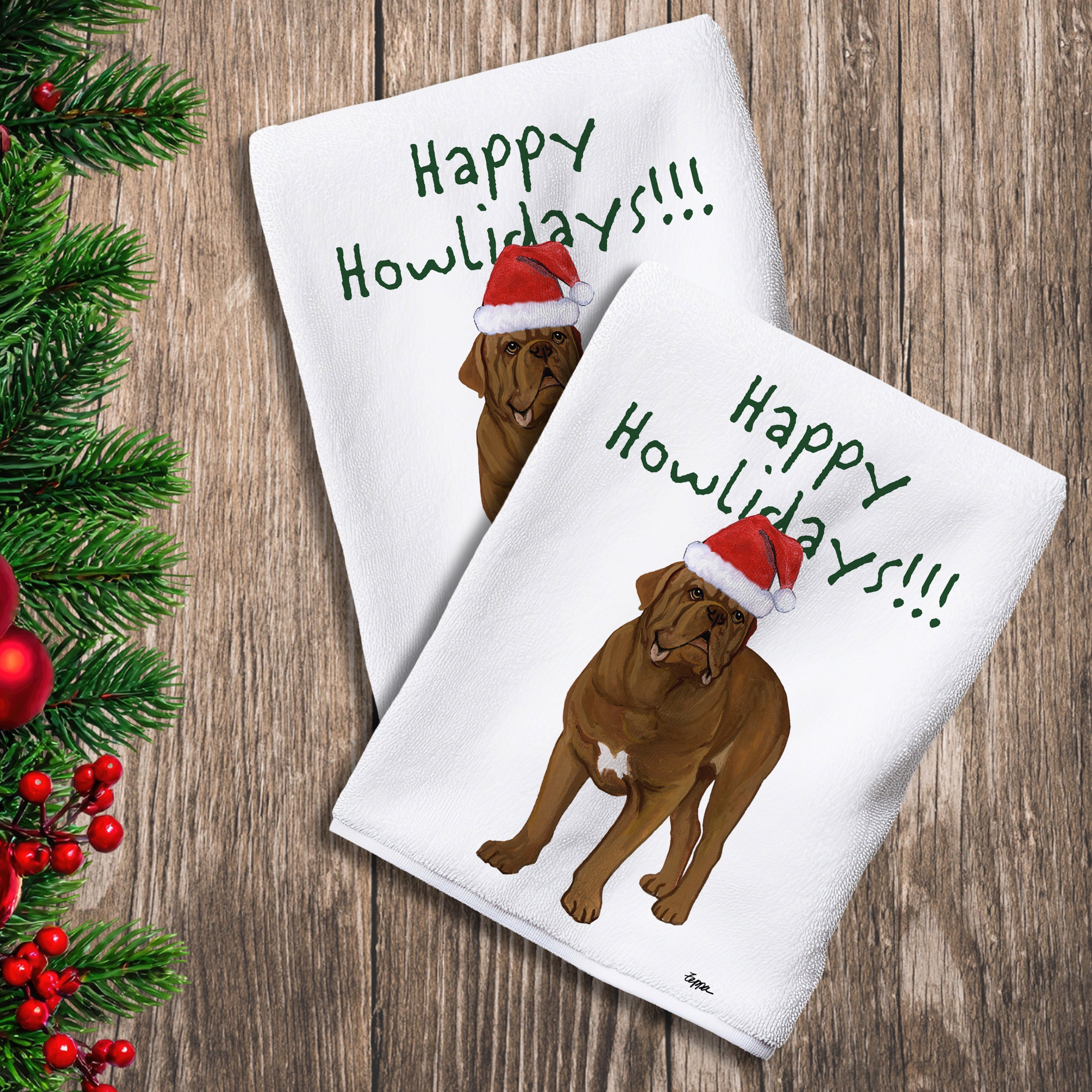 2 Kitchen Towels with a Dogue de Bordeaux in a Santa Hat and Happy Howlidays text. 