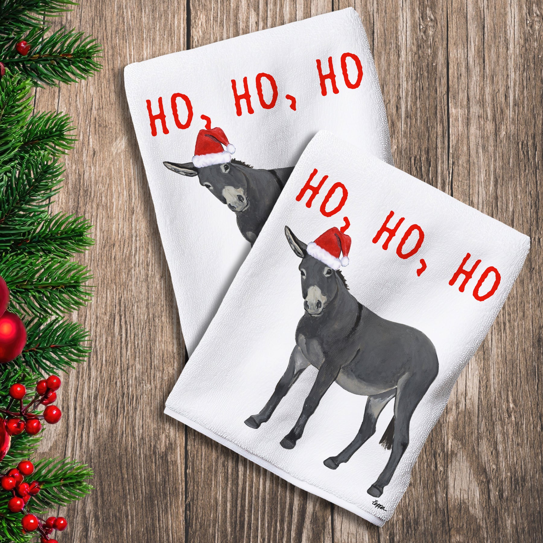 2 Kitchen Towels with a Donkey in a Santa Hat and Ho Ho Ho text.