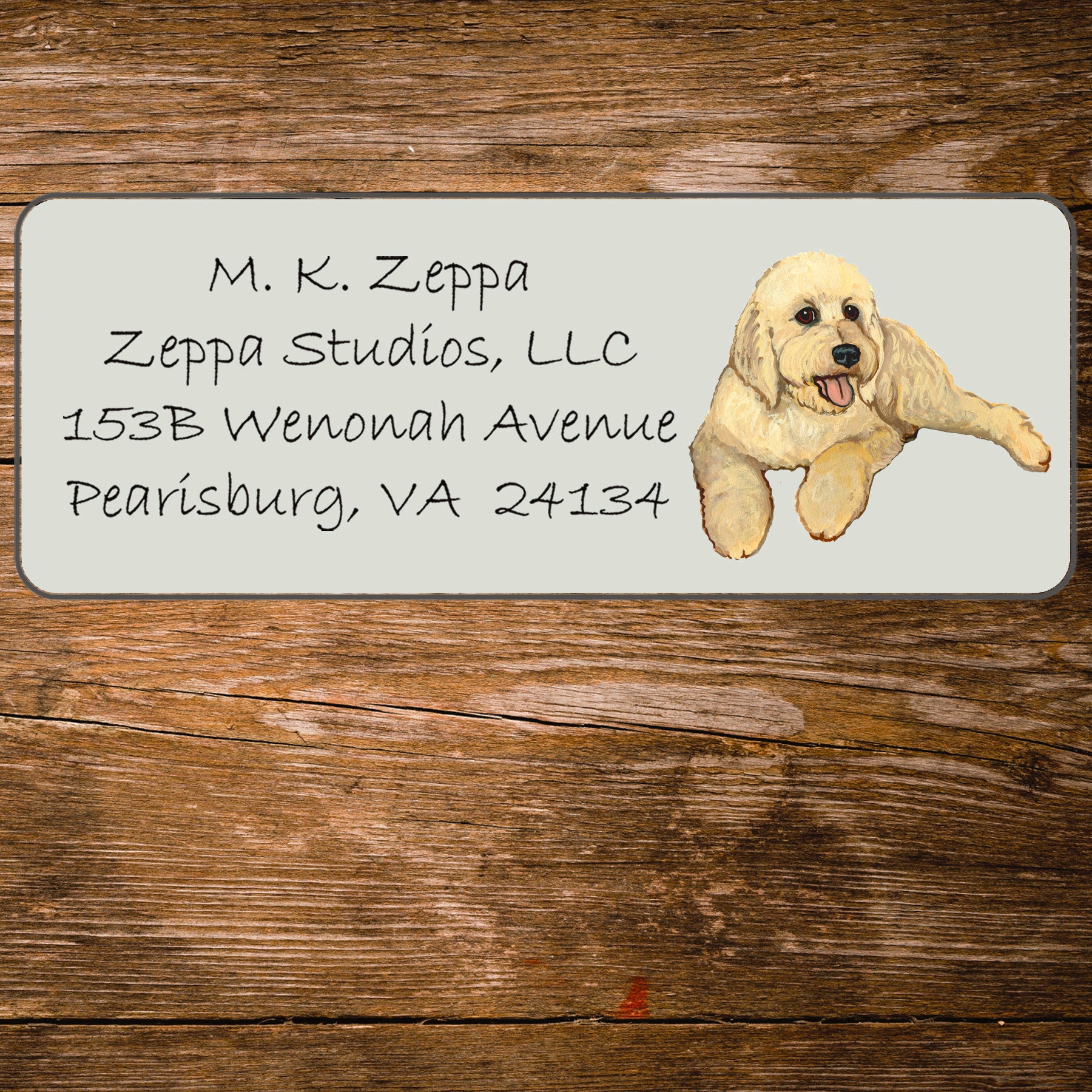 Return address label with a Golden Doodle illustration