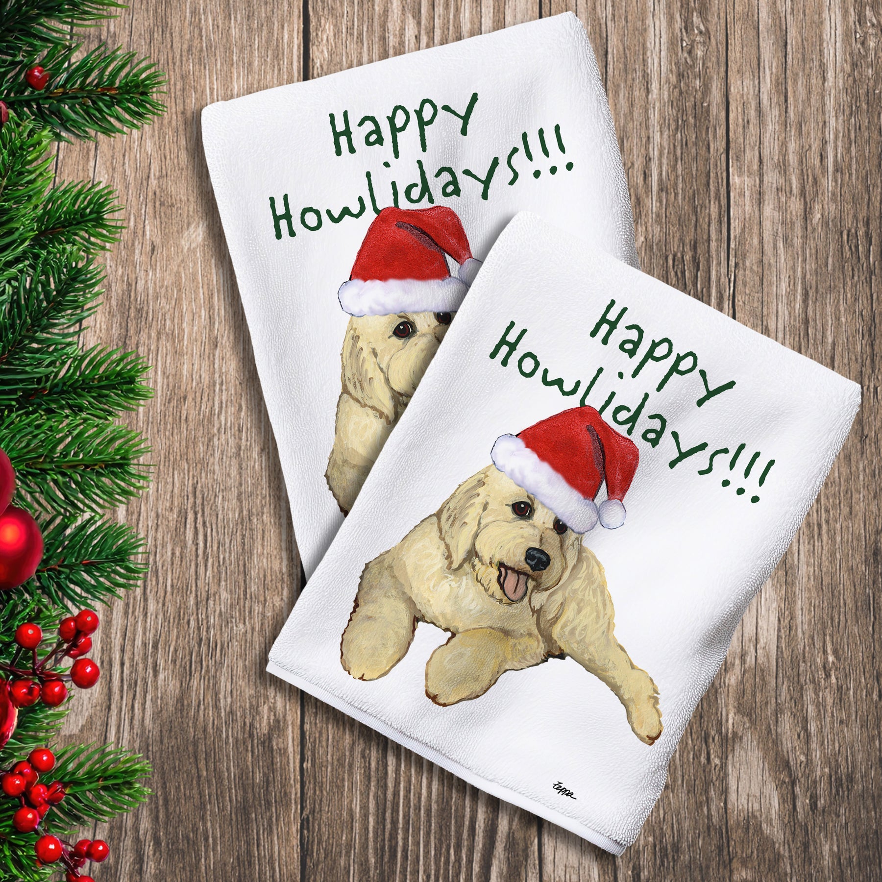 2 Kitchen Towels with a Golden Doodle in a Santa Hat and Happy Howlidays text. 
